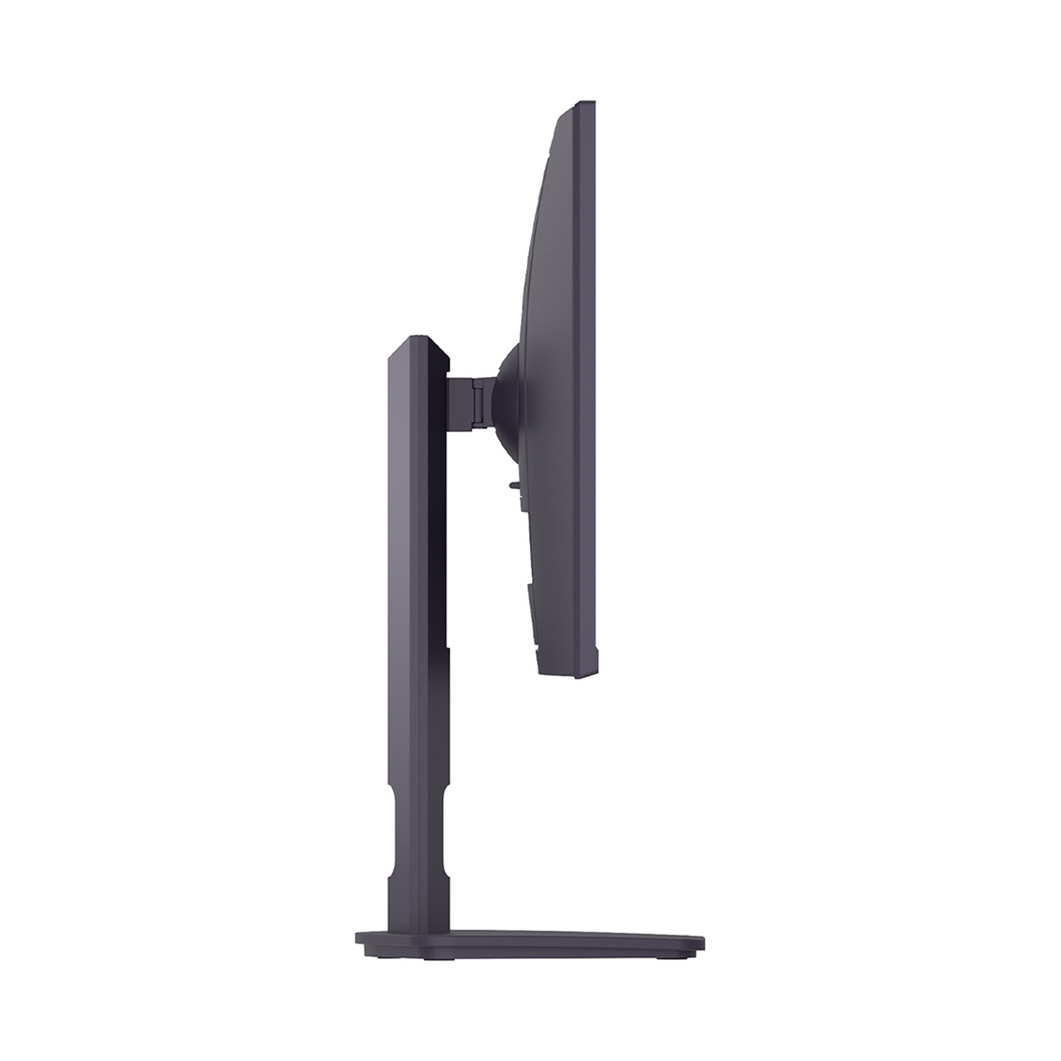 Vista laterale di un supporto per monitor grigio su sfondo bianco.