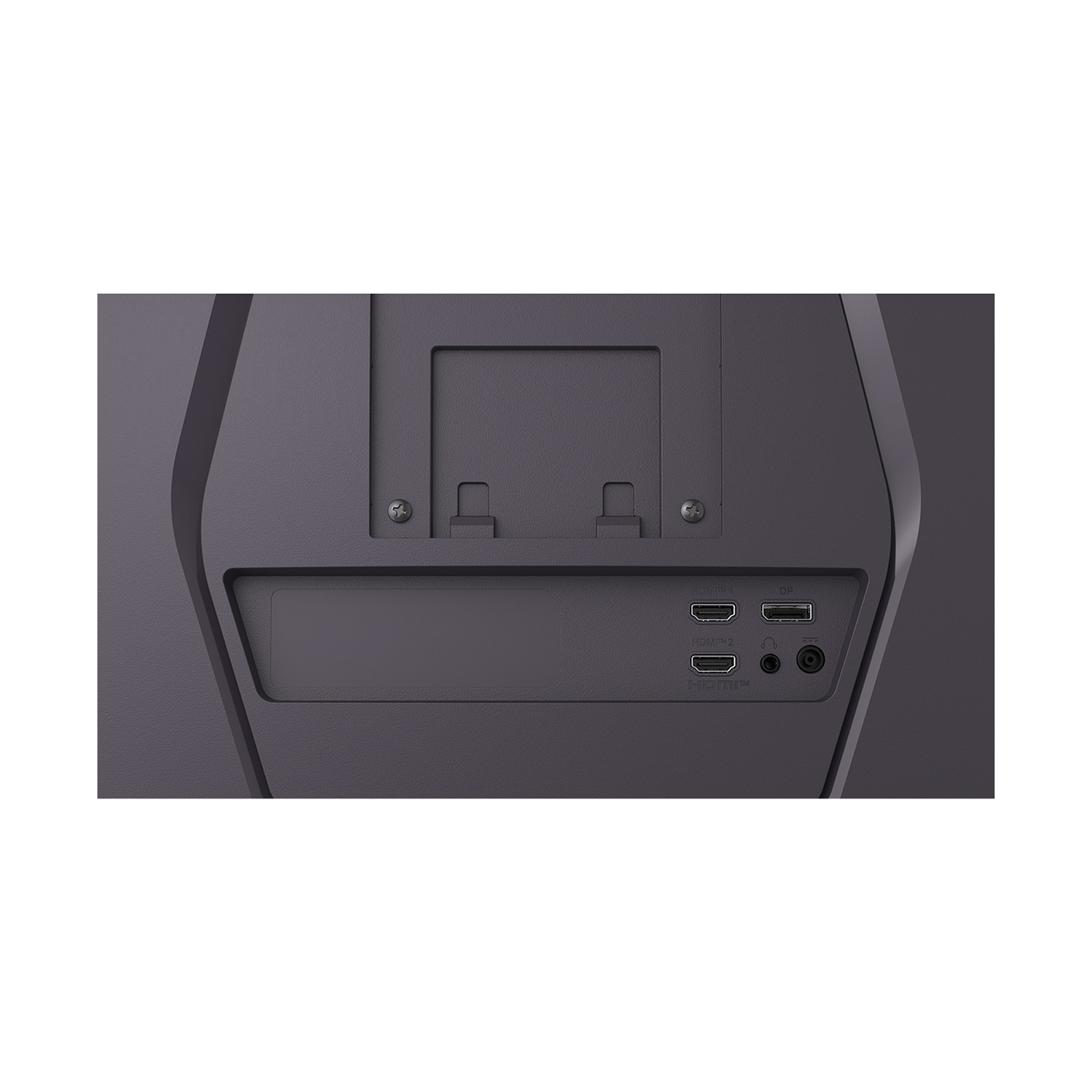 Retro di un monitor con porte HDMI e DisplayPort e jack per cuffie.