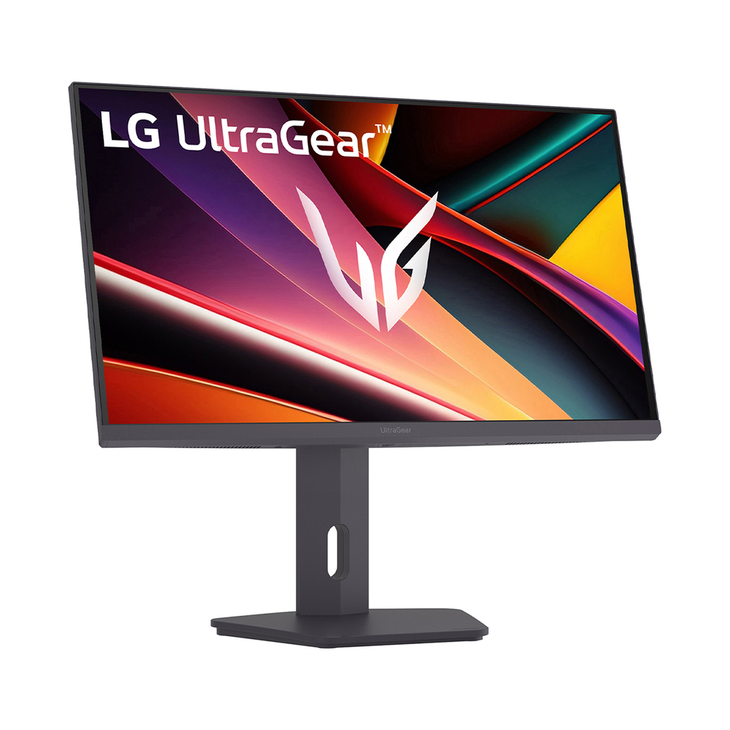 Un monitor da gaming LG UltraGear su un supporto scuro con sfondo vibrante.