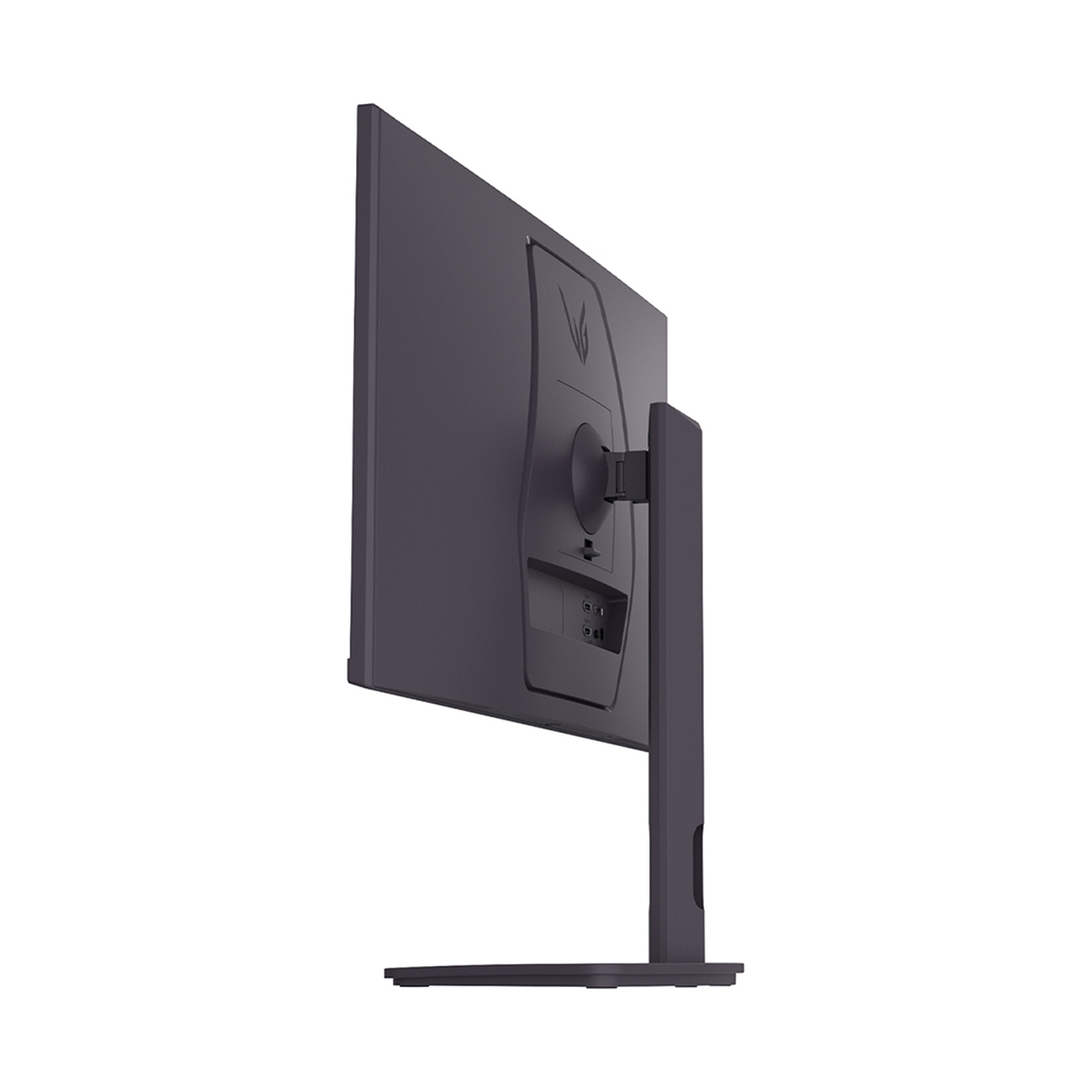 Vista posteriore di un monitor scuro su un supporto, su sfondo bianco.