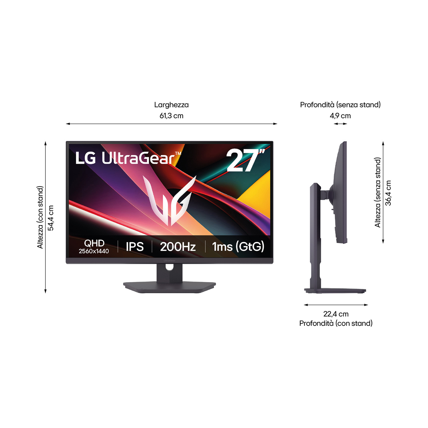 Monitor LG UltraGear 27 pollici, QHD, IPS, 200Hz, 1ms. Dimensioni indicate.