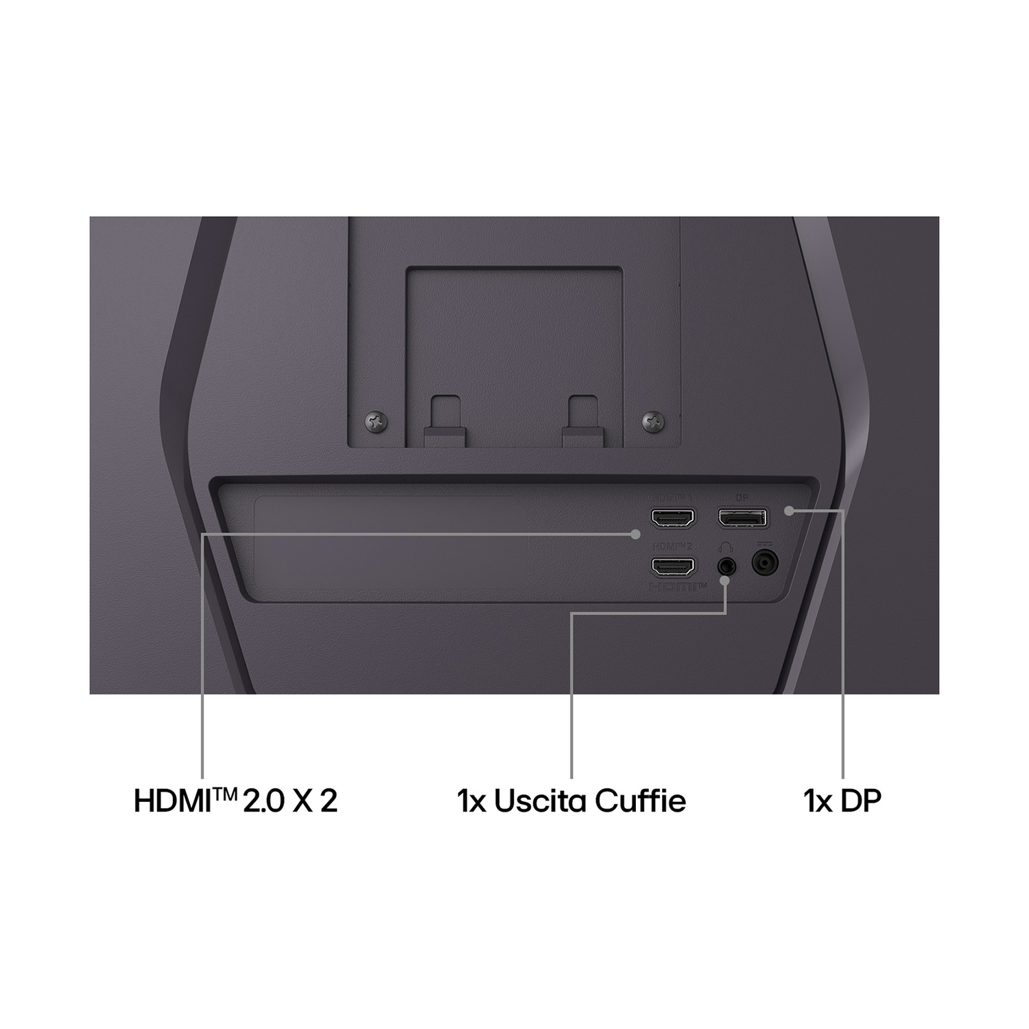 Retro del monitor con porte: 2x HDMI, jack cuffie, 1x DP.
