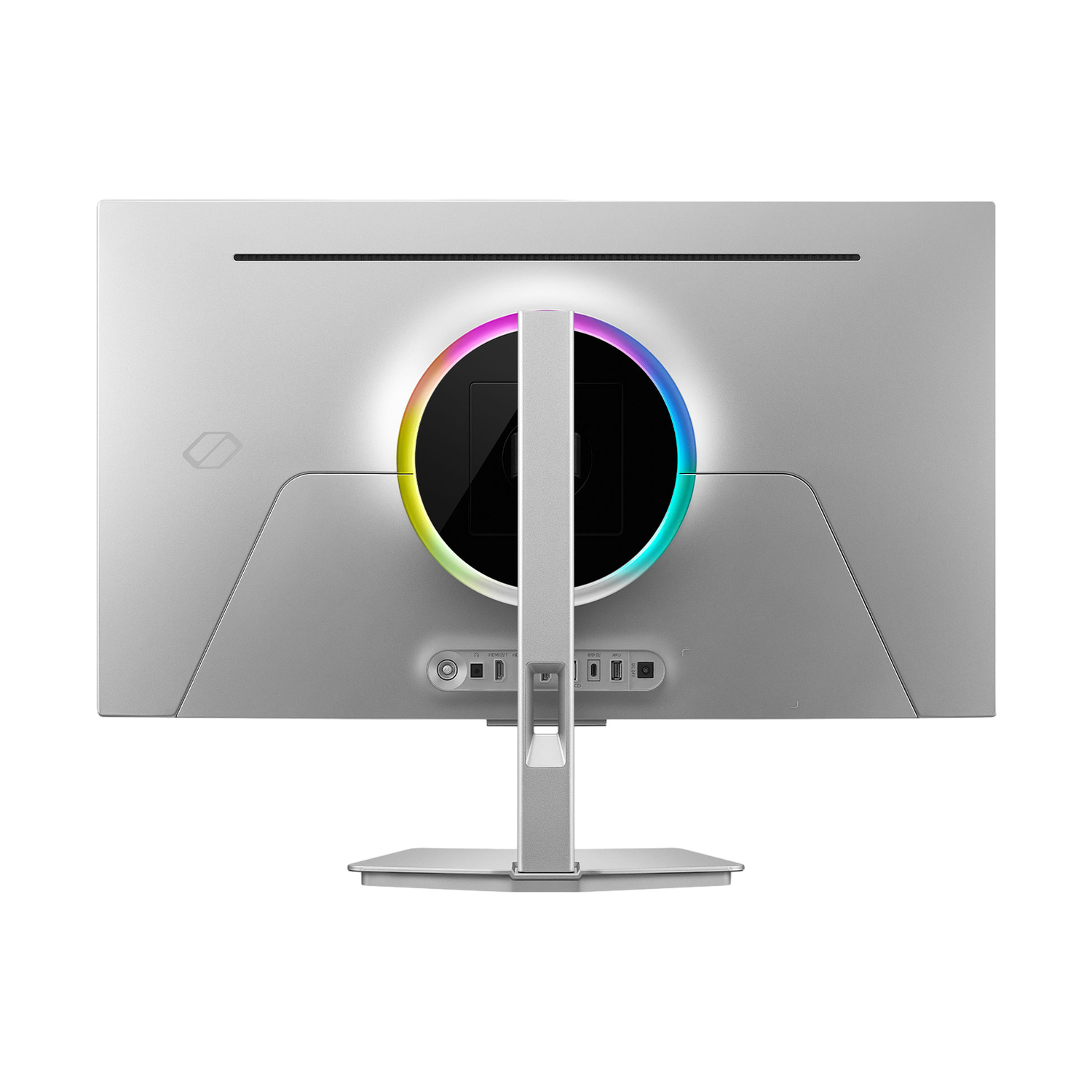 Vista posteriore di un monitor argentato con anello luminoso RGB circolare e porte.