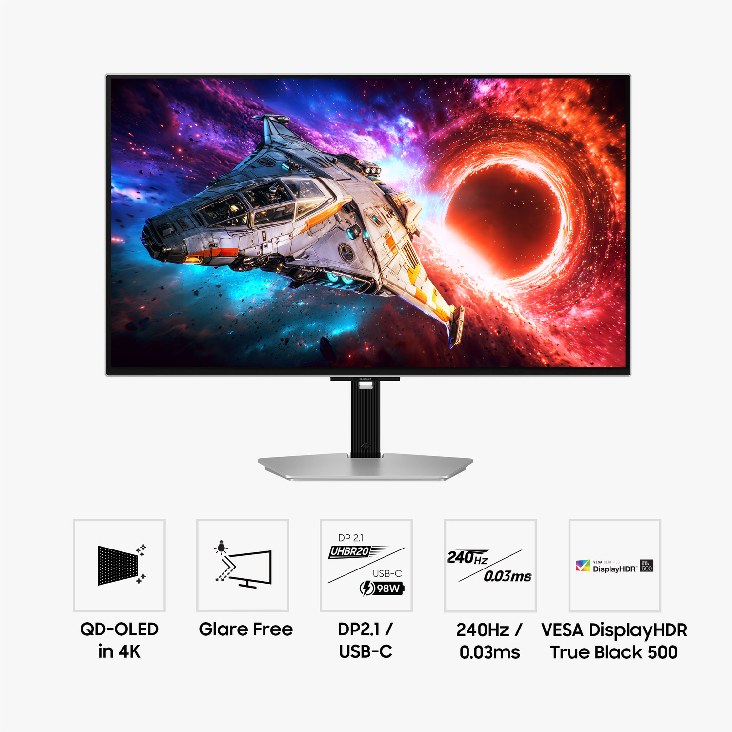 Monitor con scena spaziale: nave, buco nero. Caratteristiche: QD-OLED 4K, Antiriflesso, DP2.1/USB-C, 240Hz/0,03ms, HDR 500.
