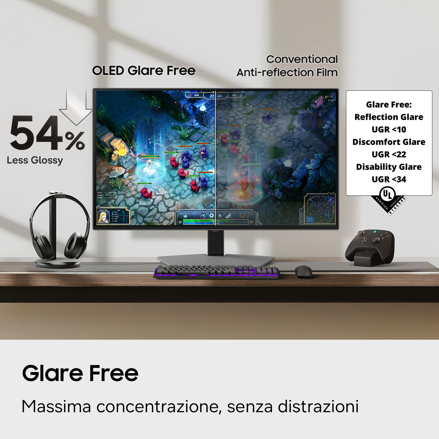Schermo OLED con 54% in meno di lucentezza, mostra un gioco, con cuffie accanto.