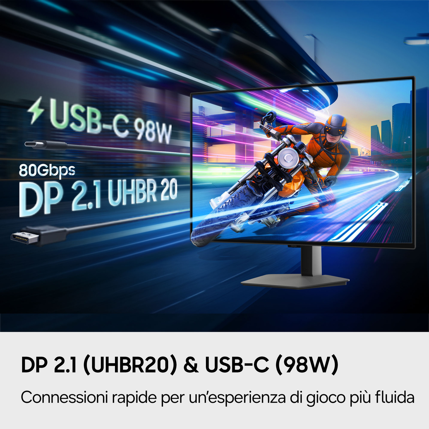 Monitor con USB-C 98W e DP 2.1 UHBR 20. Motociclista in città.