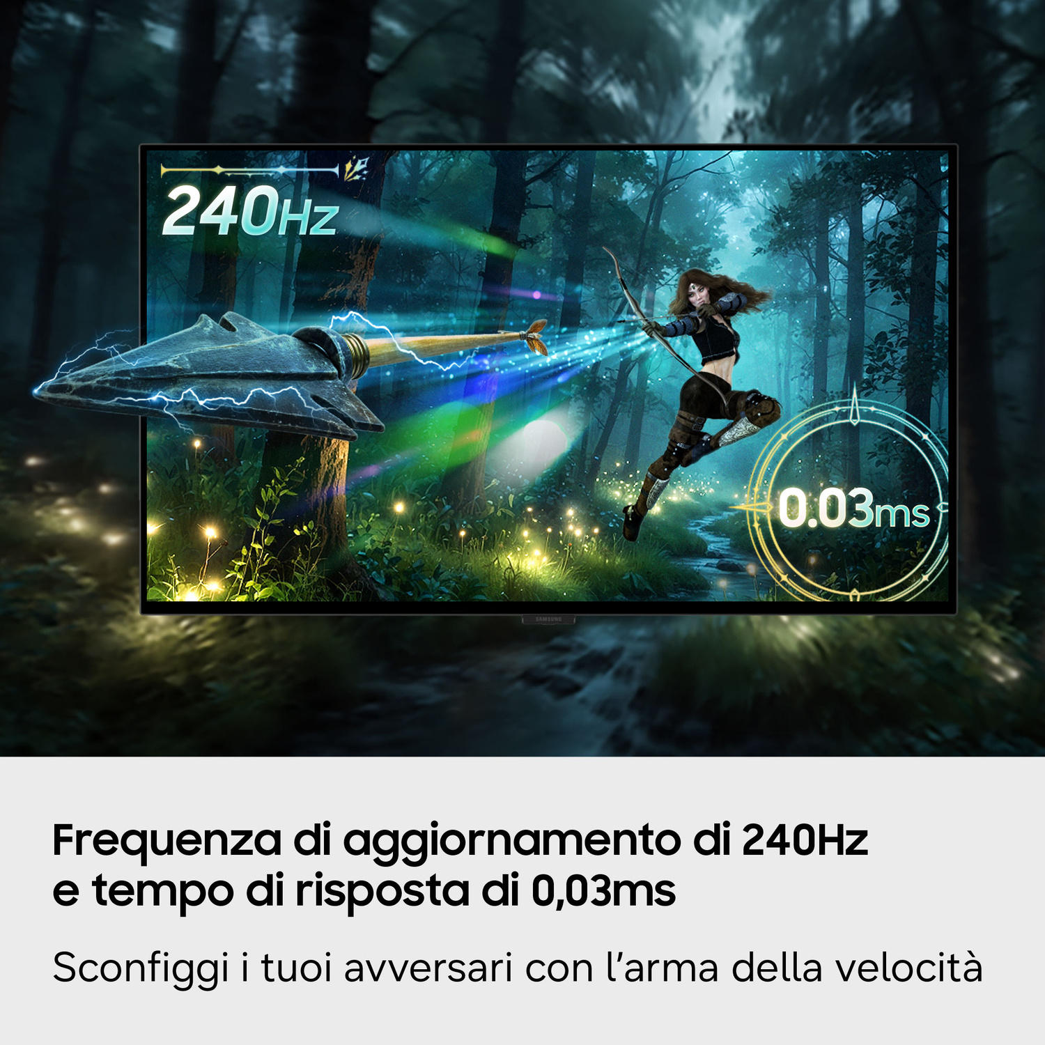 Un monitor mostra un gioco fantasy con 240Hz e 0,03ms di tempo di risposta.
