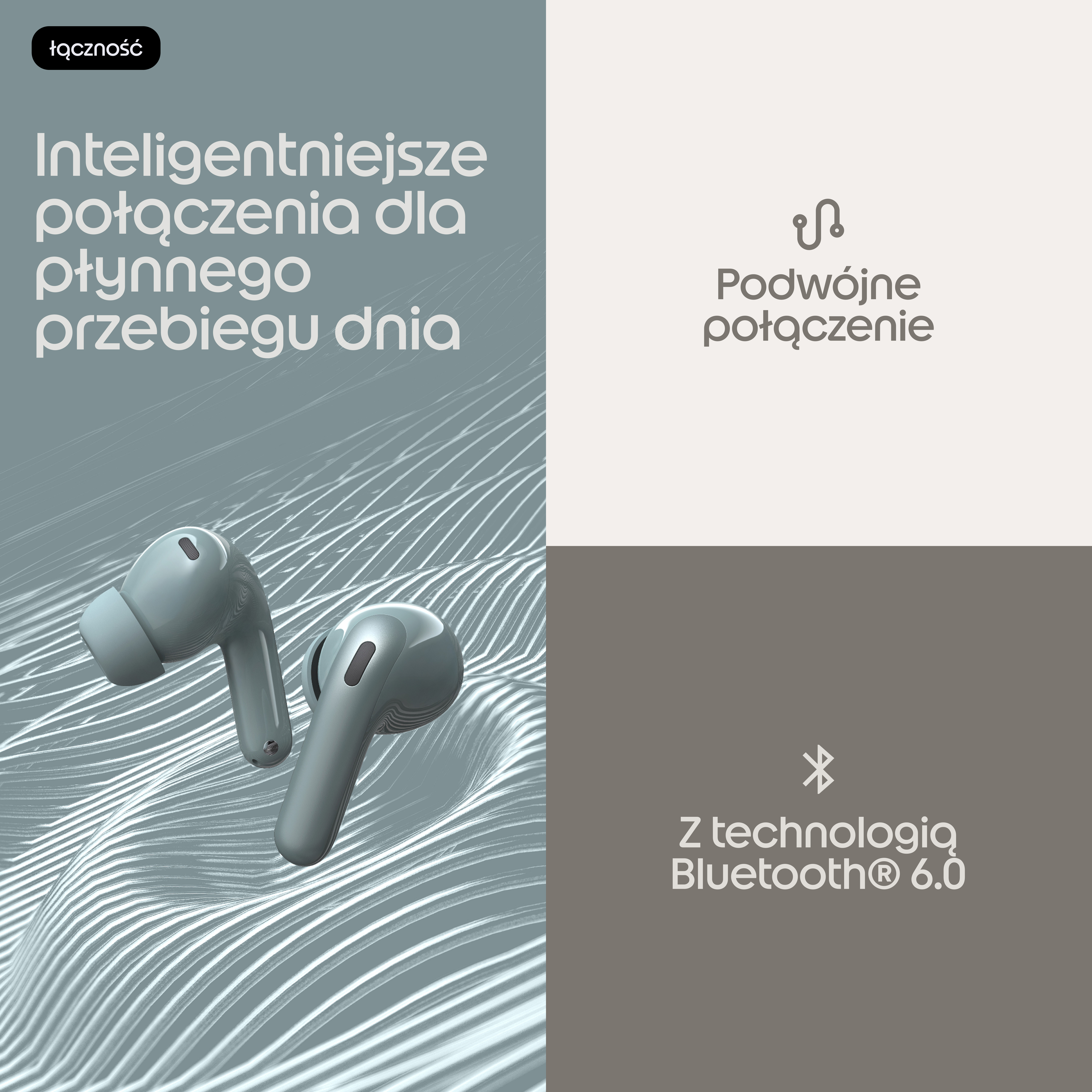 Dwa jasnoszare słuchawki bezprzewodowe z etui ładującym na tle wzoru fal.