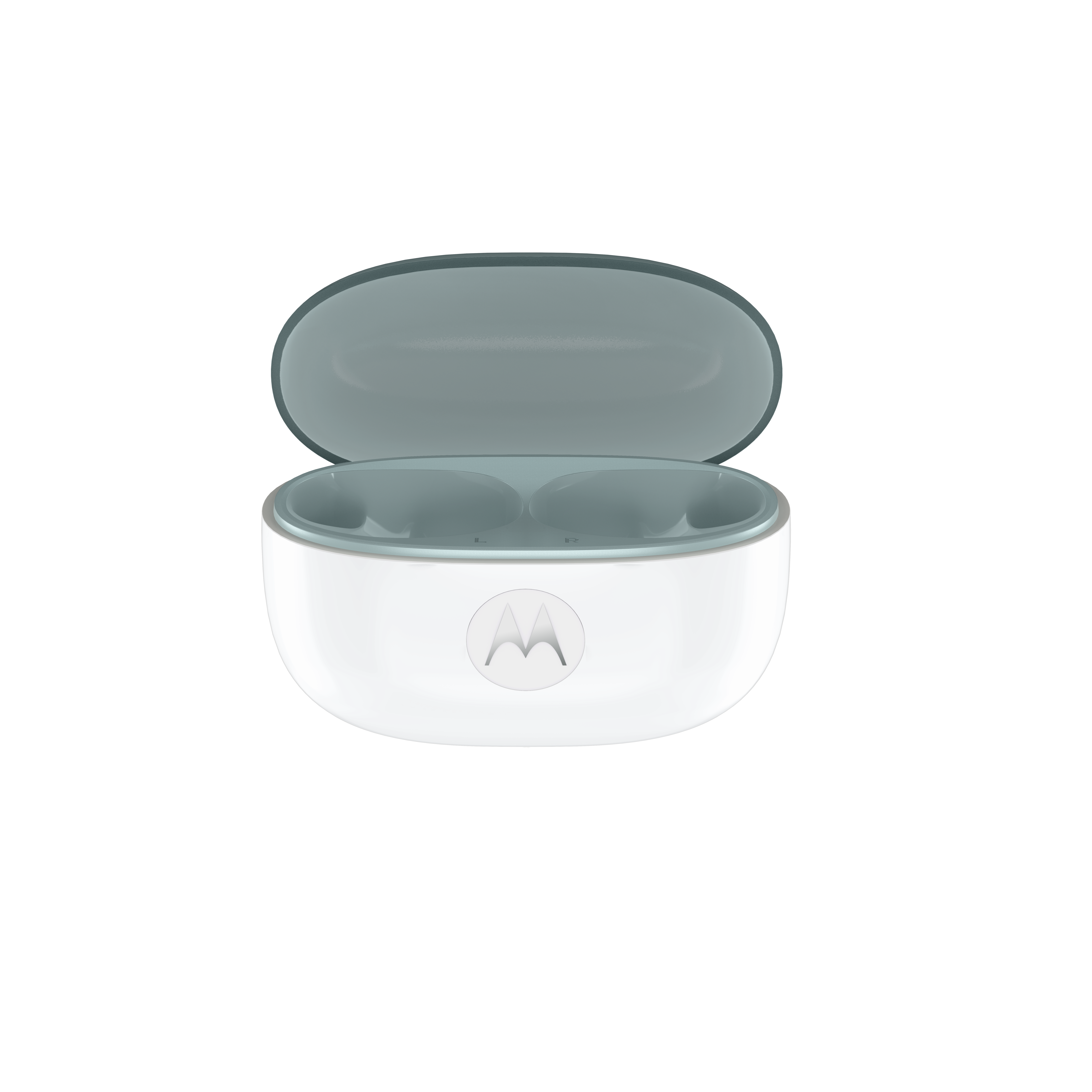 Otwarte, białe etui ładujące do słuchawek bezprzewodowych z logo Motorola i turkusowym wnętrzem.