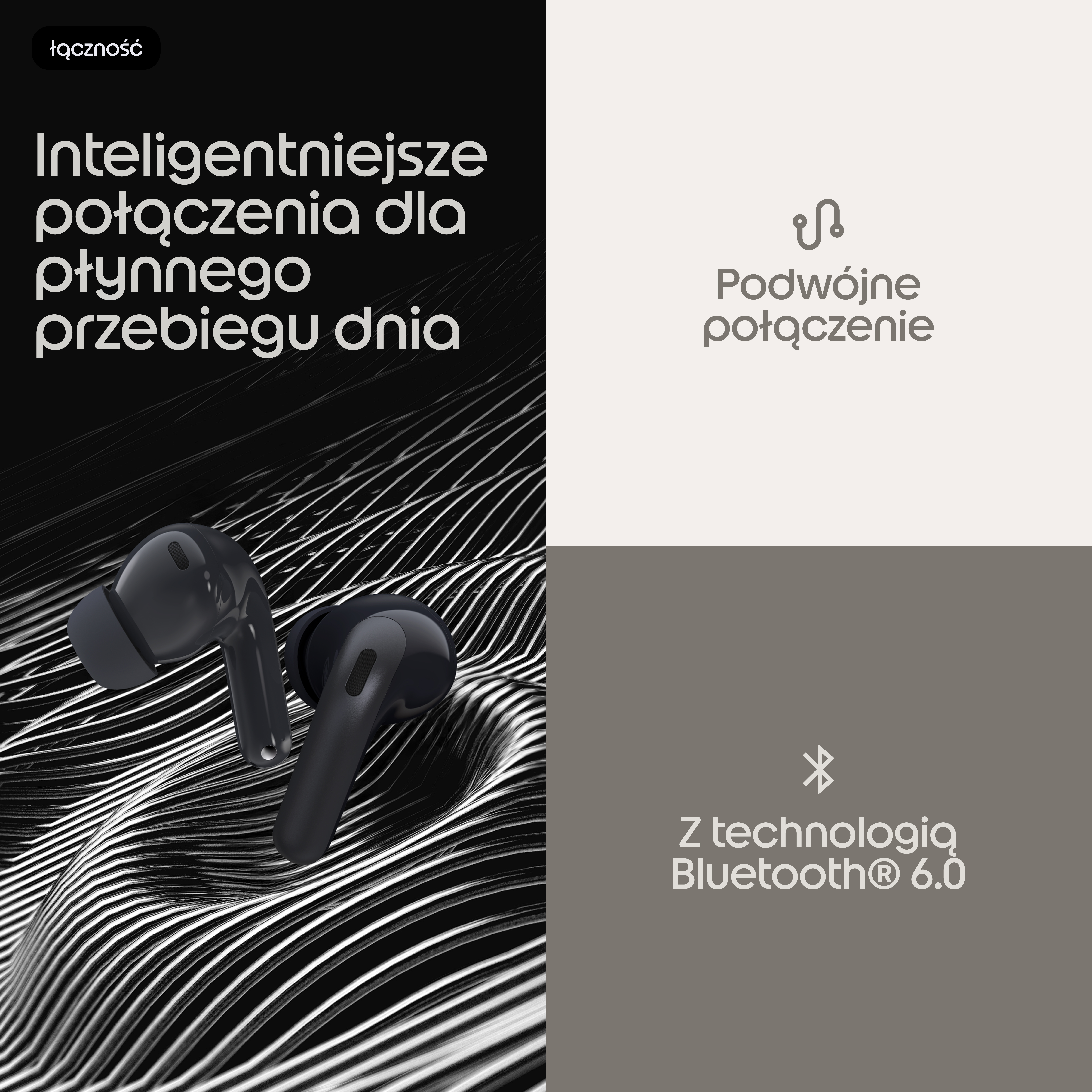 Reklama czarnych słuchawek bezprzewodowych z podwójnym połączeniem i technologią Bluetooth 6.0 na tle fal.