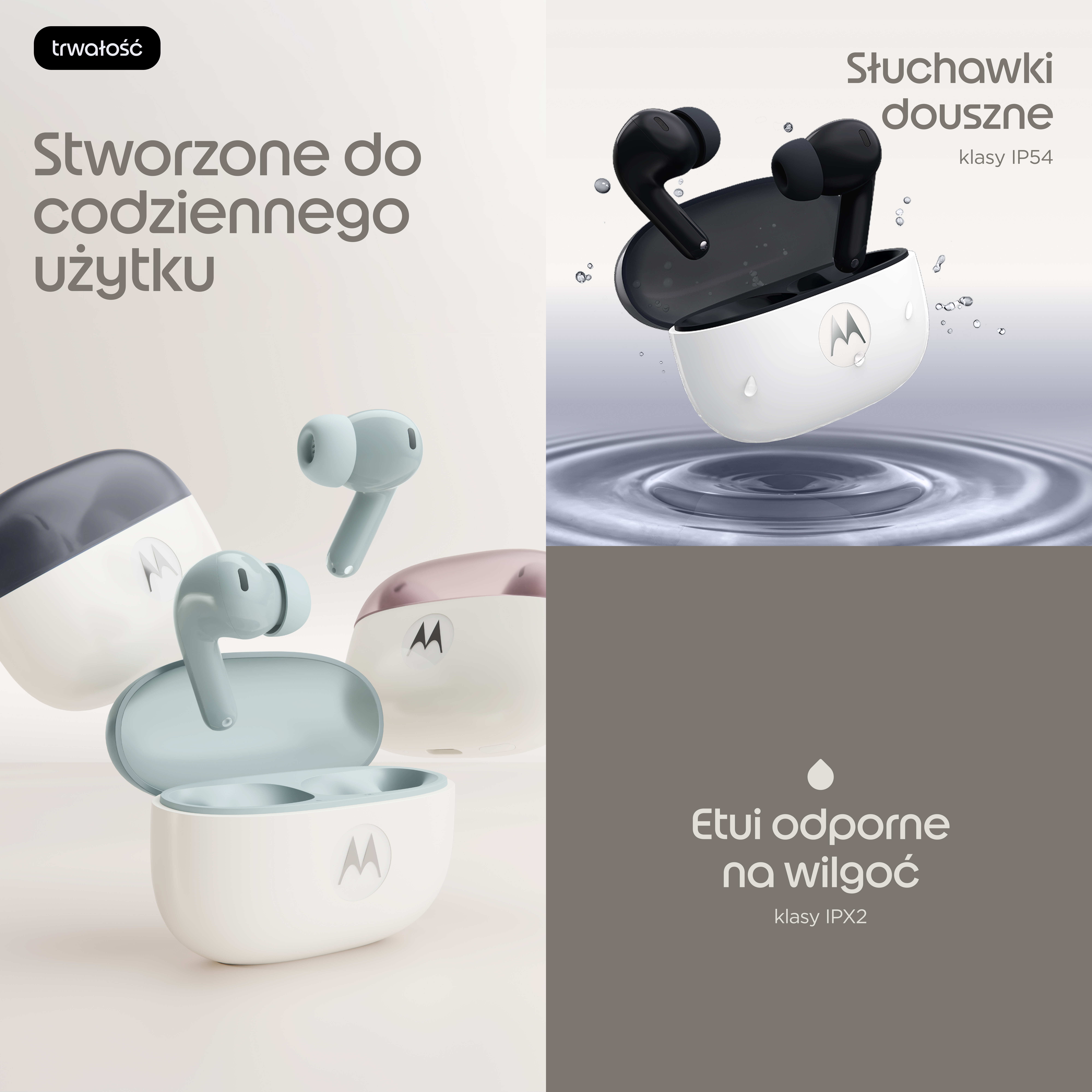 Różne kolory bezprzewodowych słuchawek Motorola i etui ładujących o odporności na wodę i wilgoć.