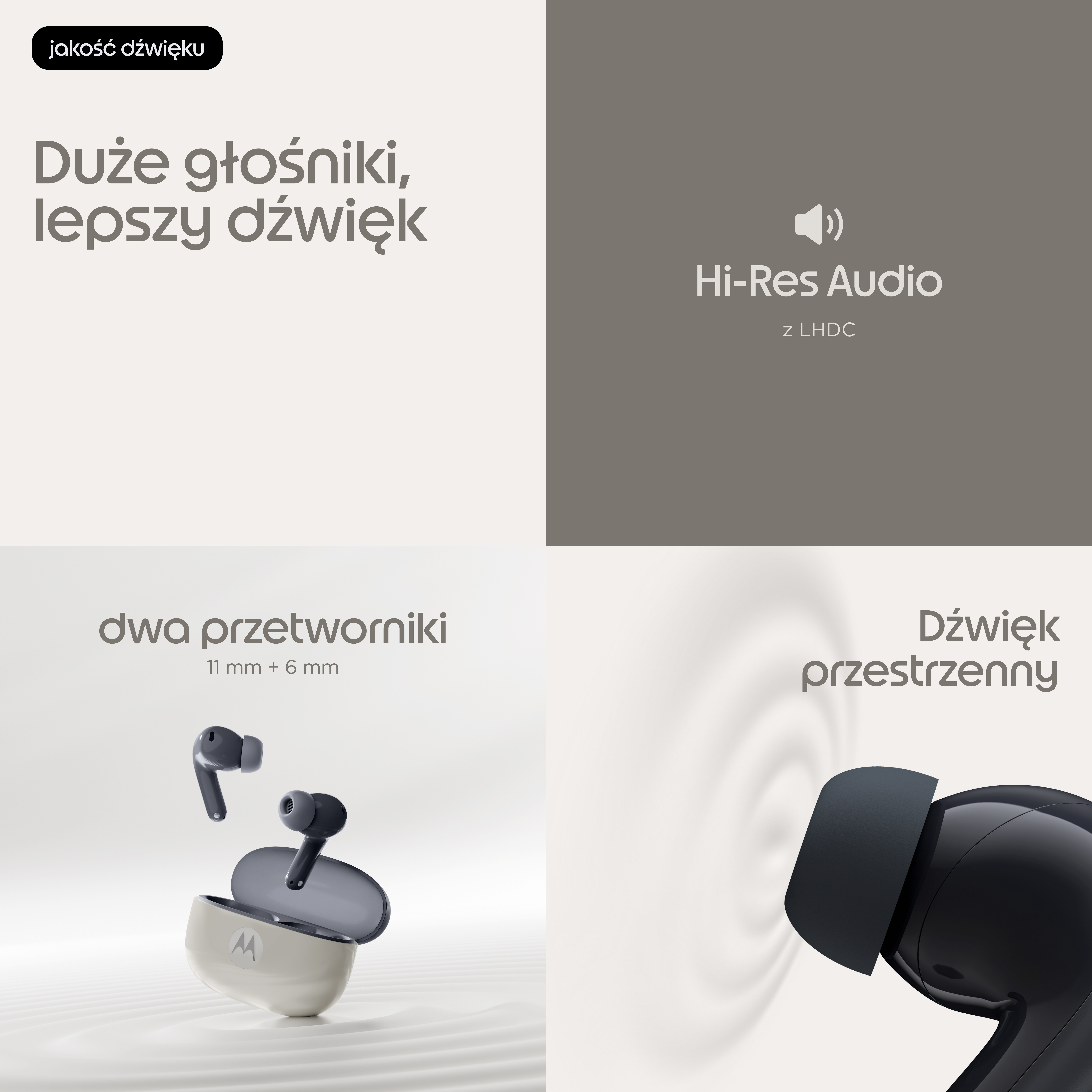 Cztery podzielone obrazy przedstawiające słuchawki bezprzewodowe, etui ładujące oraz tekst o dźwięku Hi-Res.