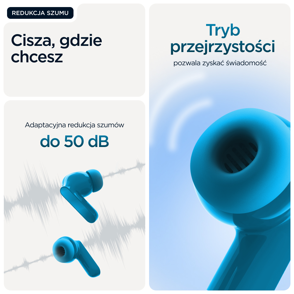 Niebieskie słuchawki z tekstem o redukcji szumów i trybie przejrzystości.