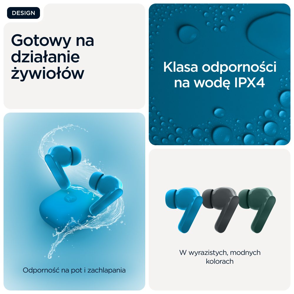 Niebieskie słuchawki bezprzewodowe z etui ładującym w wodzie, wodoszczelność IPX4.