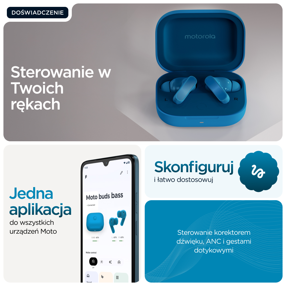 Niebieskie słuchawki Motorola w etui, smartfon z aplikacją i polski tekst.