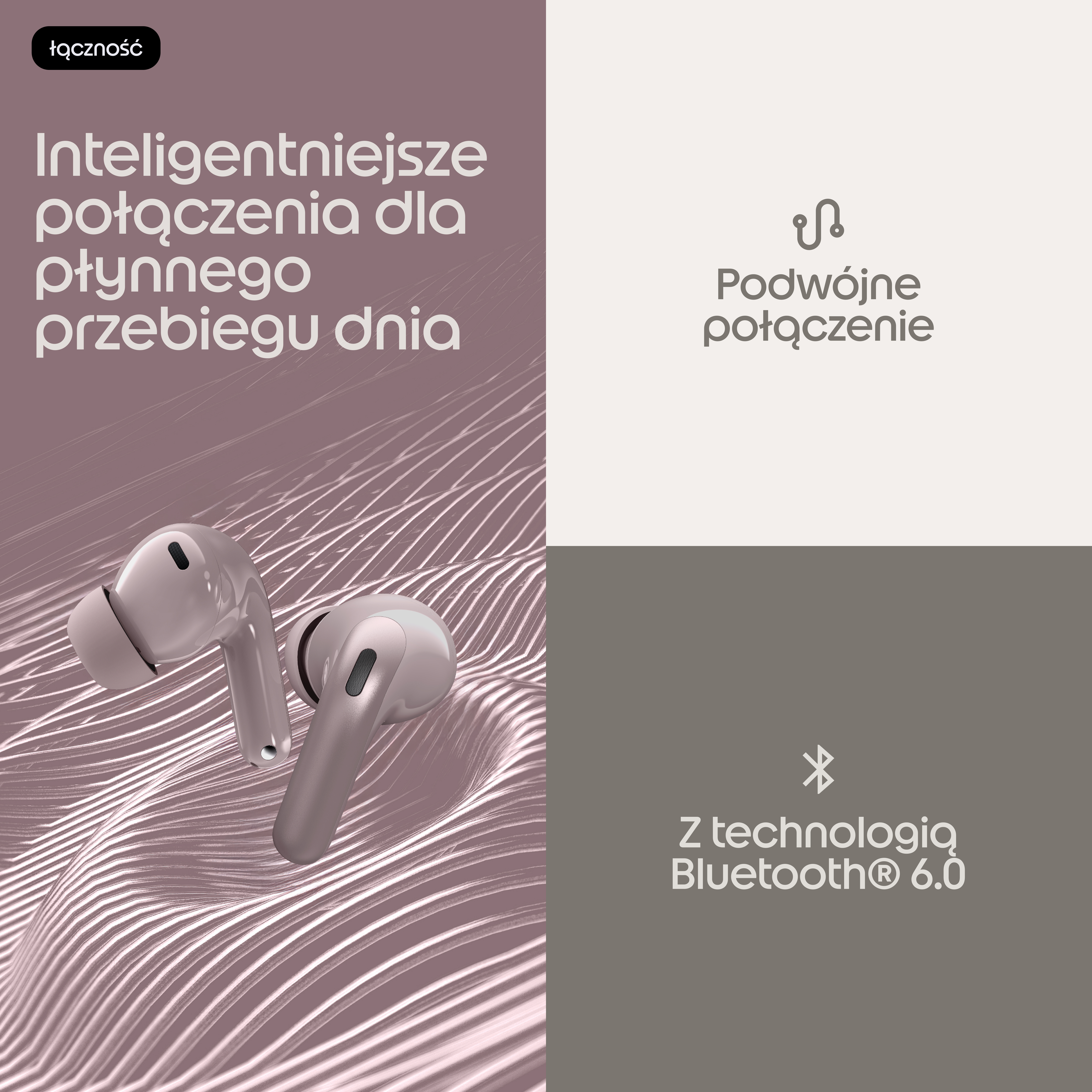Błyszczące różowe słuchawki dokanałowe na falistym tle z tekstem i ikonami.