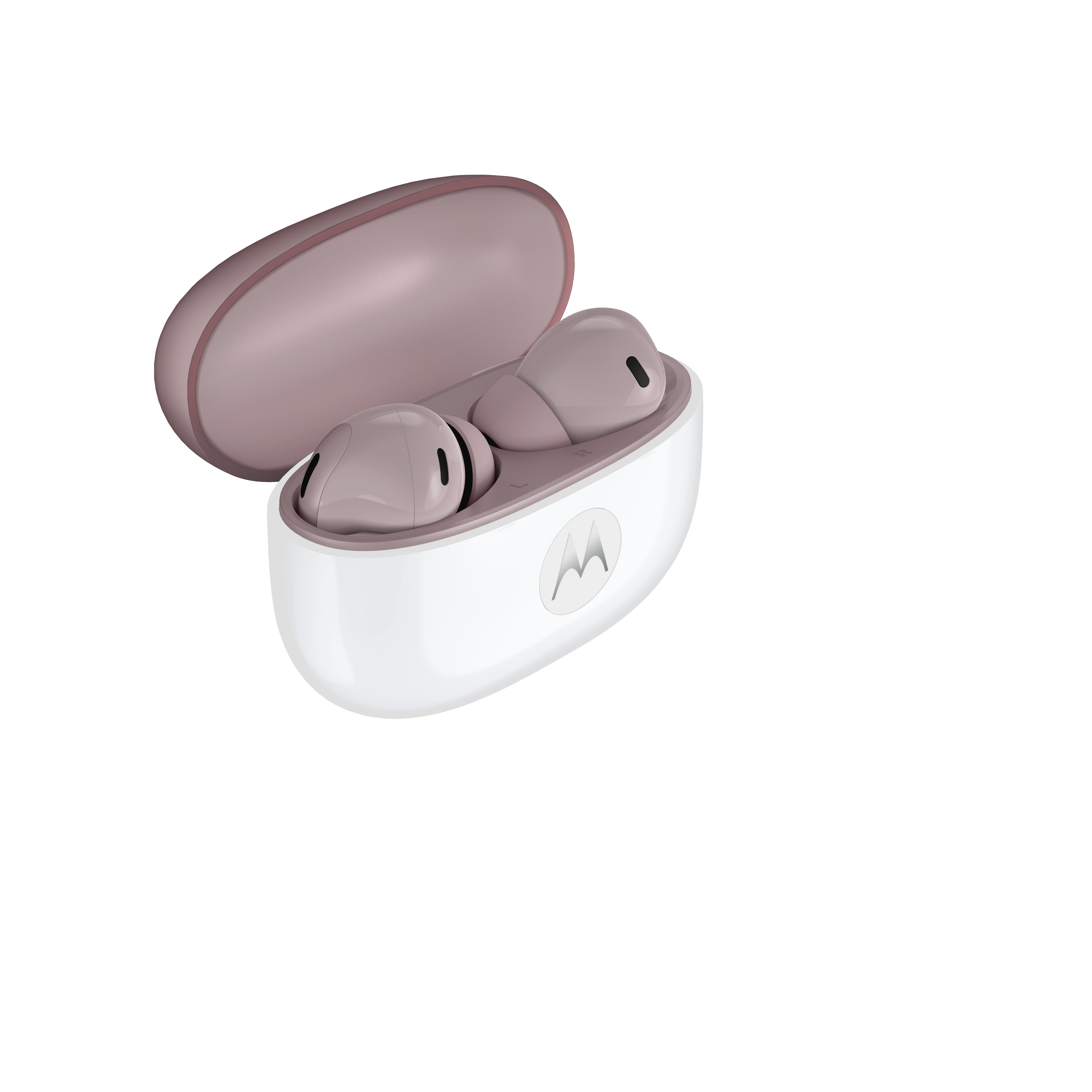 Różowe słuchawki bezprzewodowe w otwartym białym etui ładującym z logo Motorola na białym tle.
