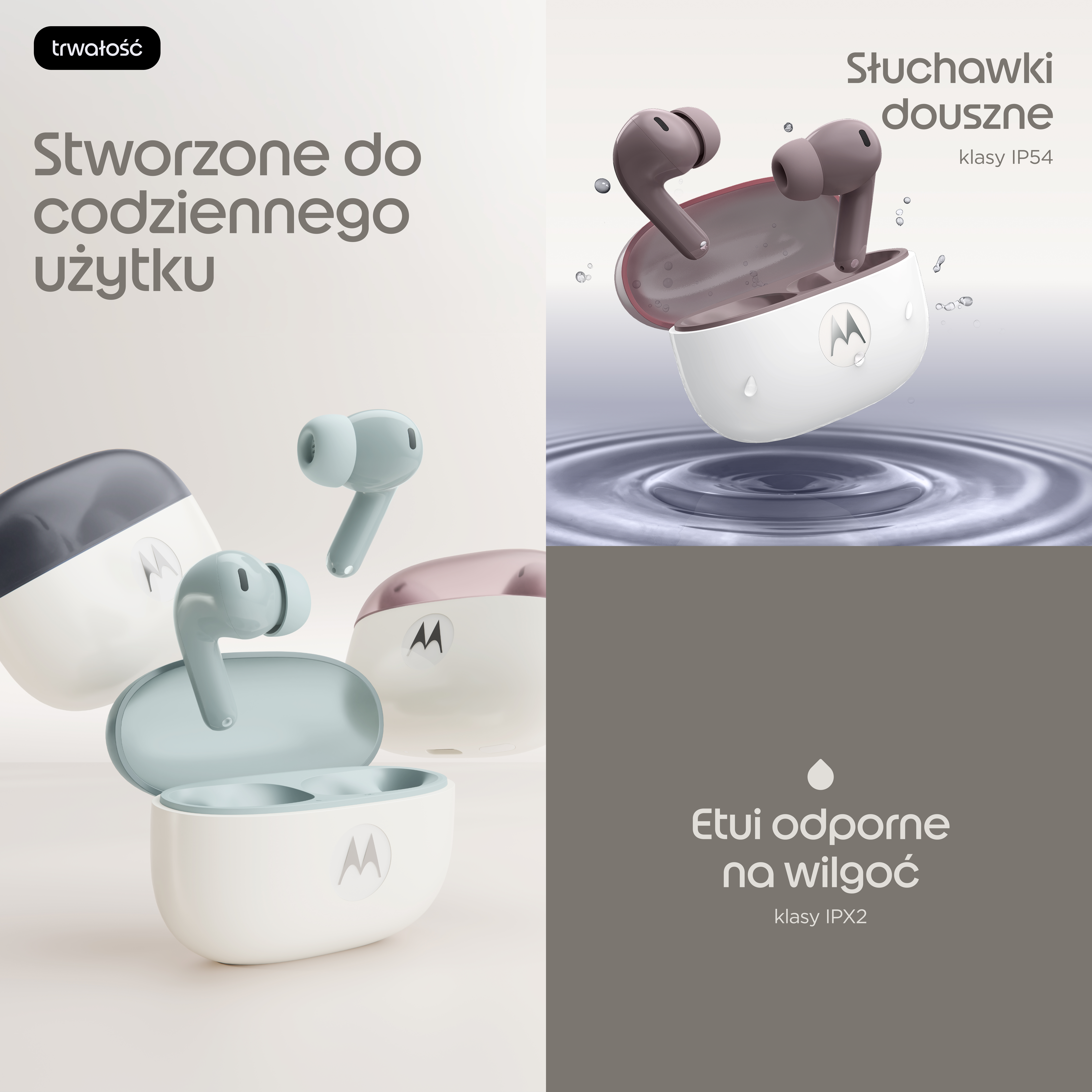 Różne bezprzewodowe słuchawki Motorola w etui ładującym na jasnym i szarym tle z tekstem.