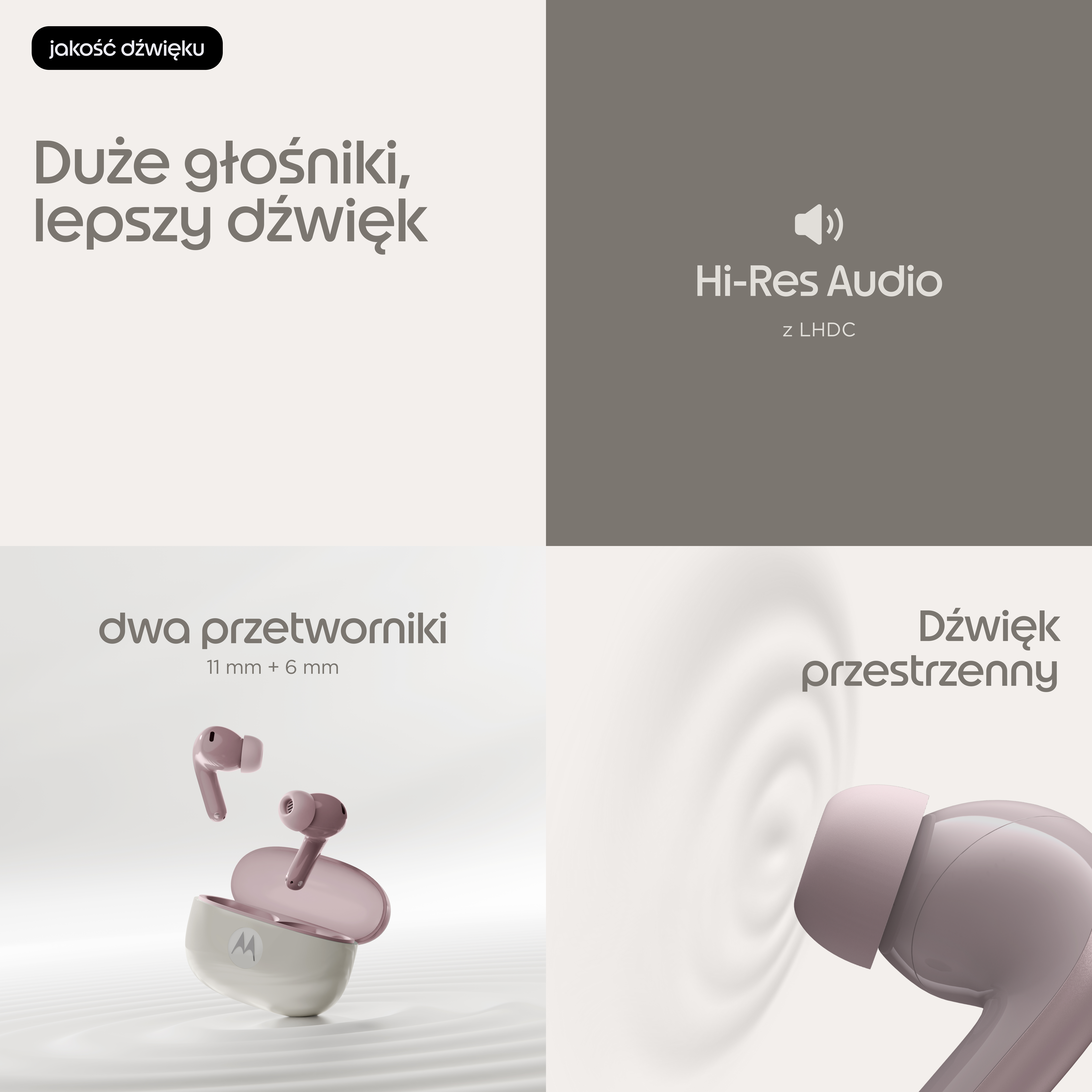 Cztery panele z tekstem i różowymi słuchawkami podkreślającymi jakość dźwięku.