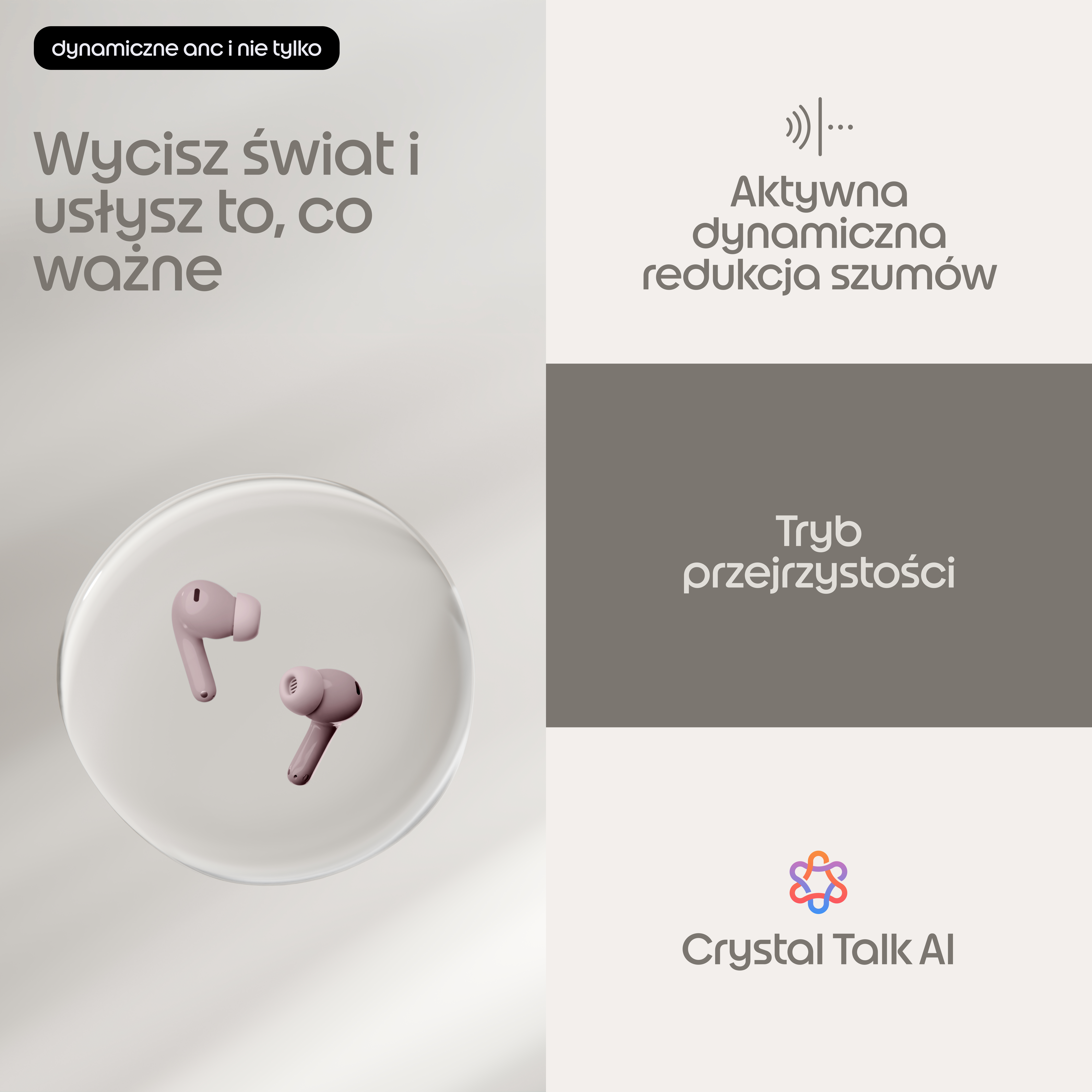 Reklama słuchawek bezprzewodowych z aktywną redukcją szumów, trybem przezroczystości i Crystal Talk AI.