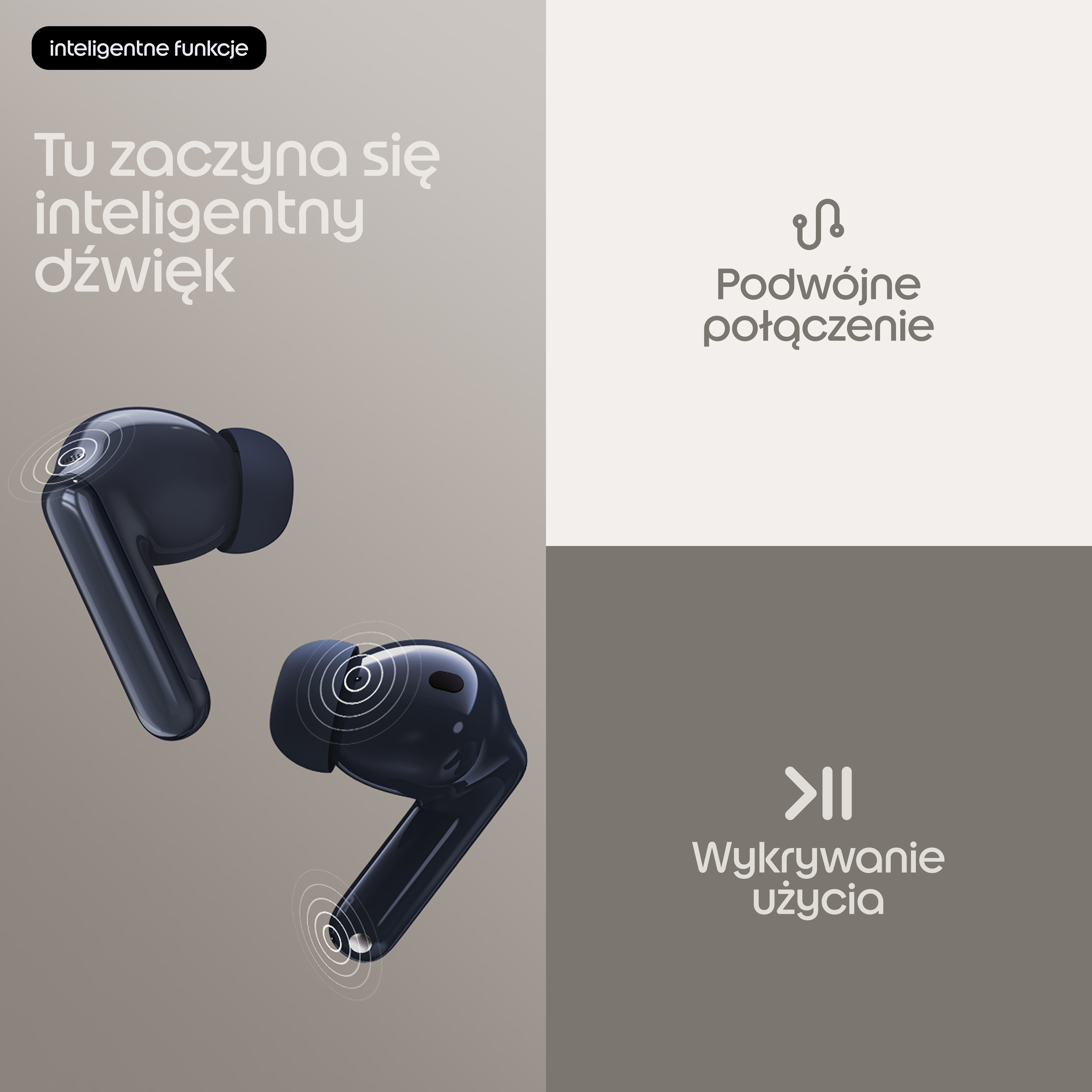 Ciemne słuchawki bezprzewodowe z tekstem i ikonami na beżowo-szarym tle.