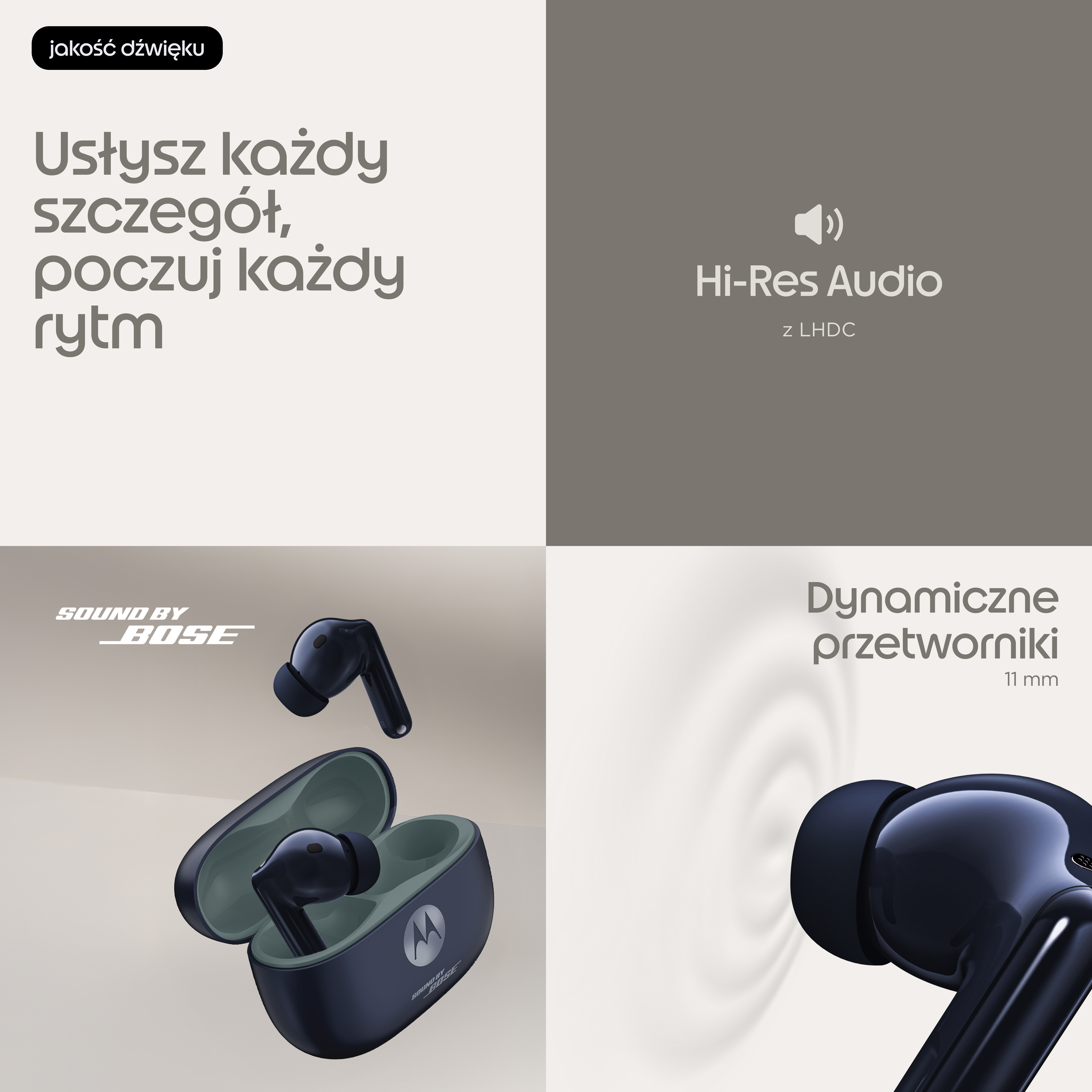 Czworokątny plakat reklamowy słuchawek bezprzewodowych z Hi-Res Audio, Sound by Bose i przetwornikami.