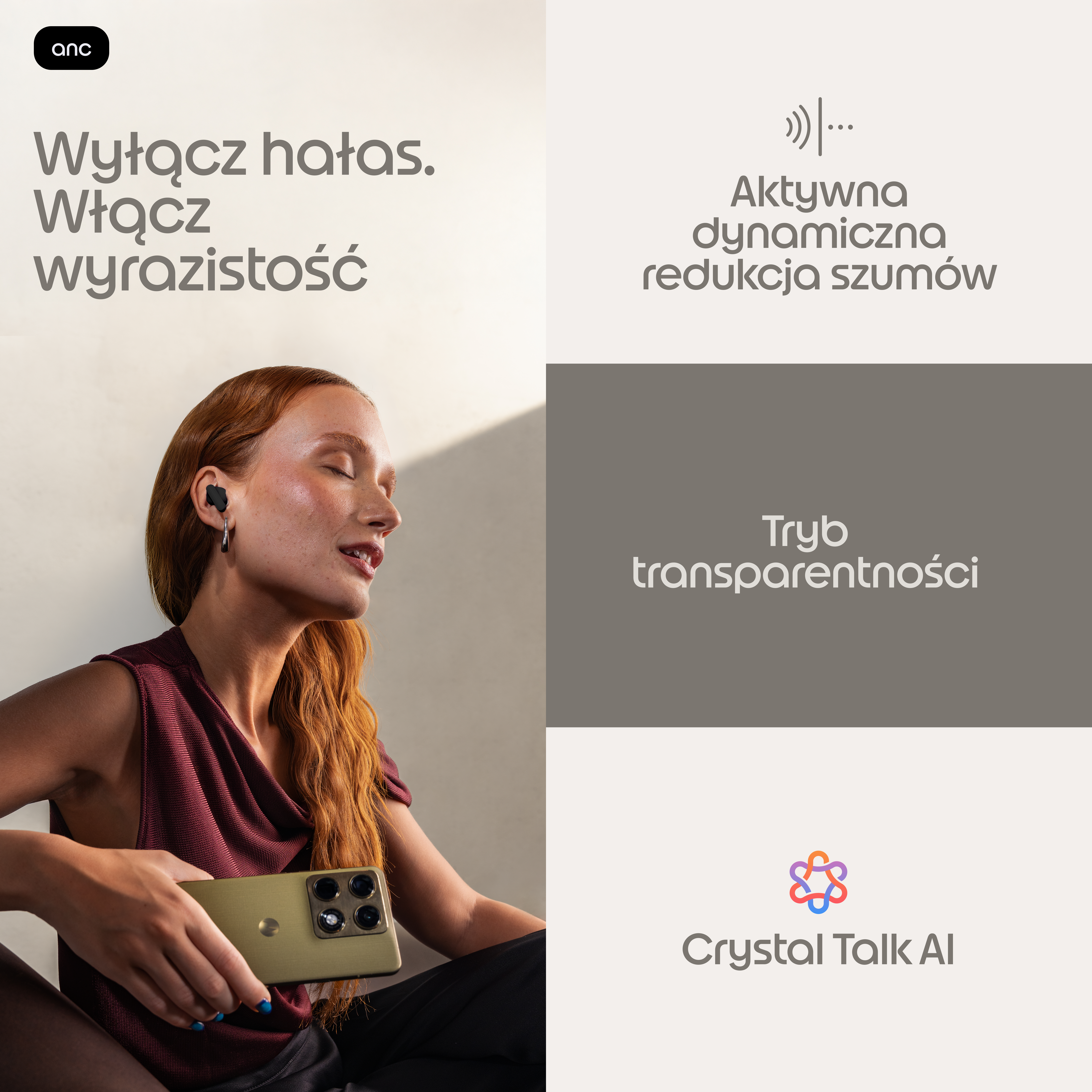 Kobieta w sluchawkach trzyma telefon, a obok panele tekstowe reklamujace redukcje szumow i AI.