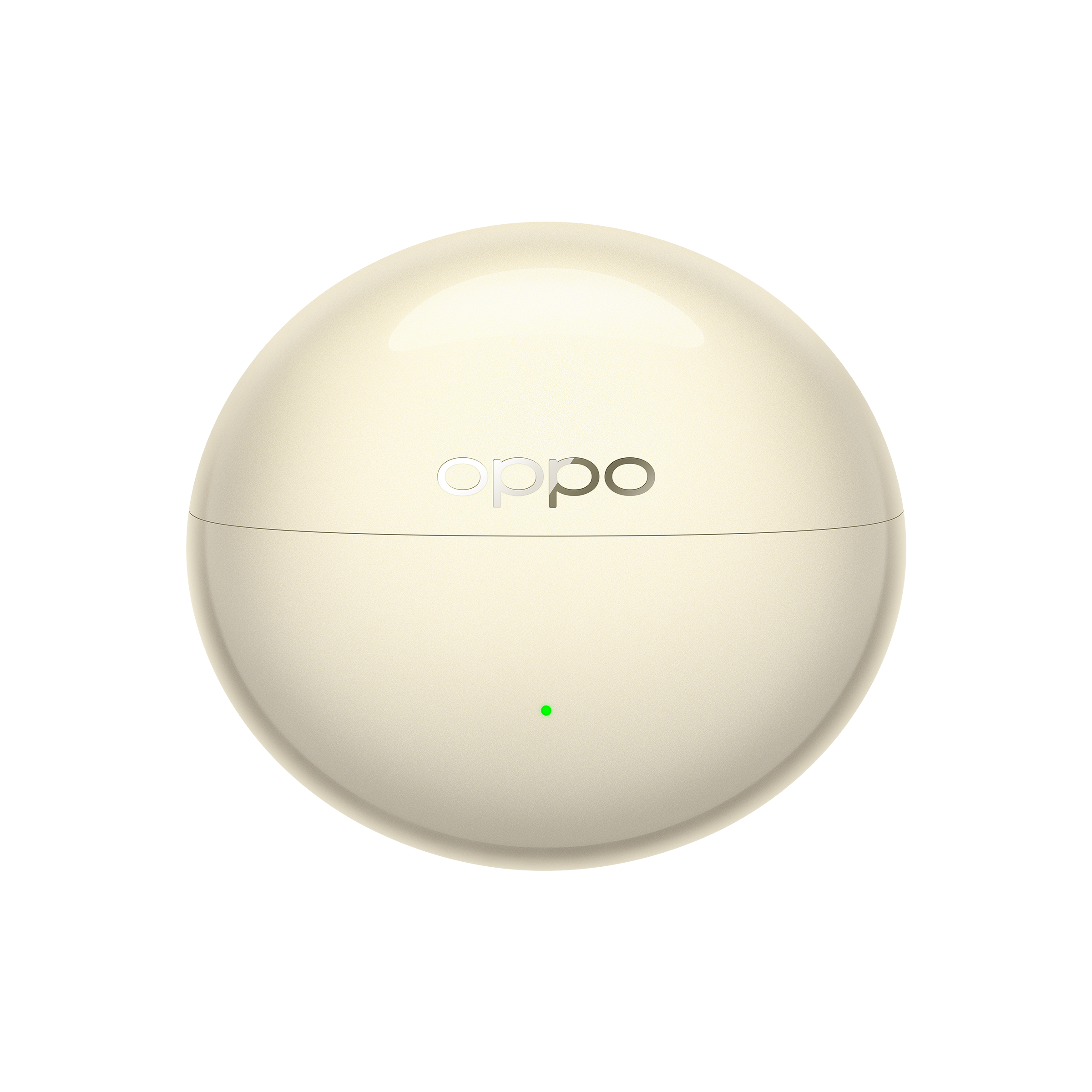 Beżowe, kuliste etui ładujące Oppo z małą zieloną diodą stanu na czarnym tle.