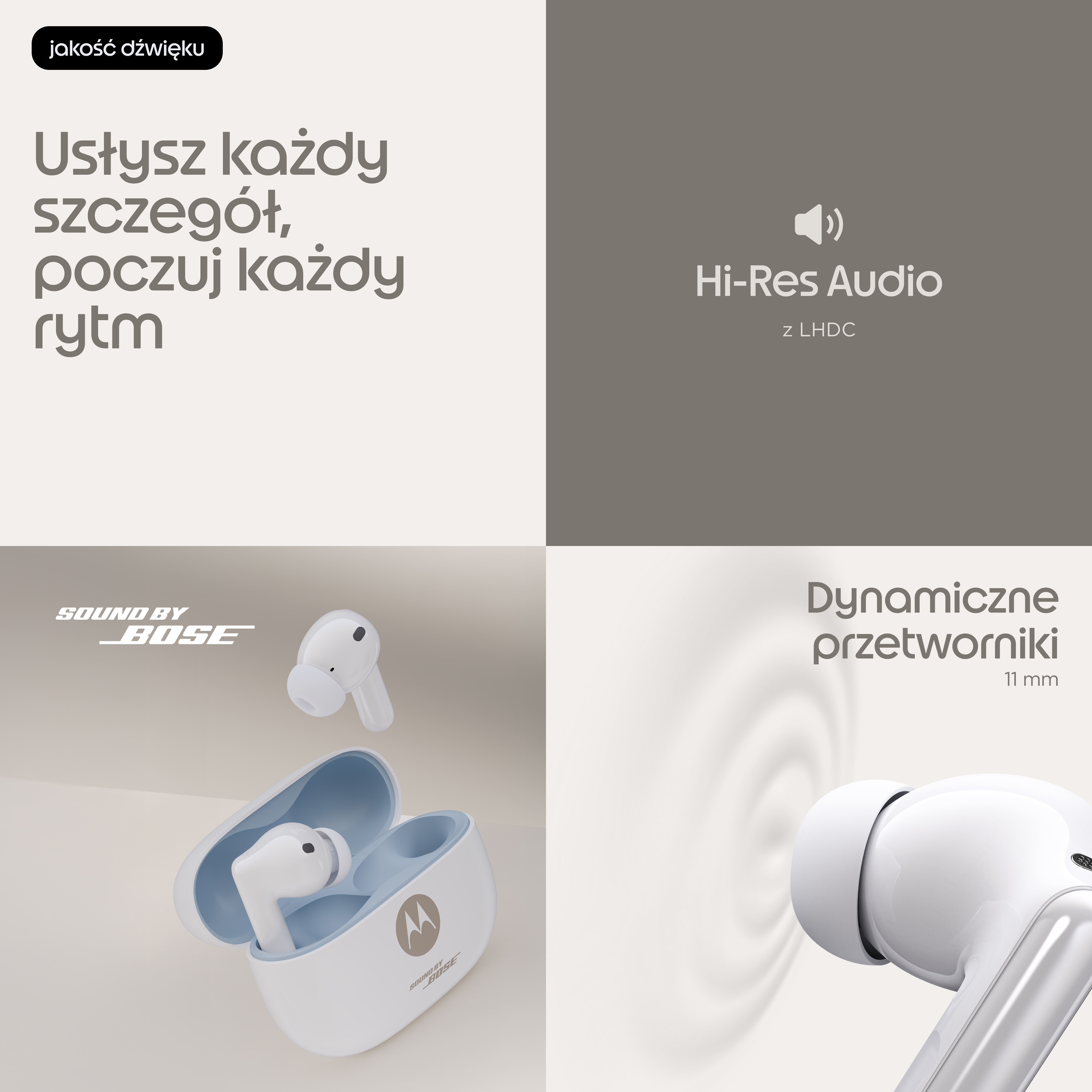 Cztery panele przedstawiające białe i szare słuchawki, etui, logo Sound by Bose i napisy o dźwięku.