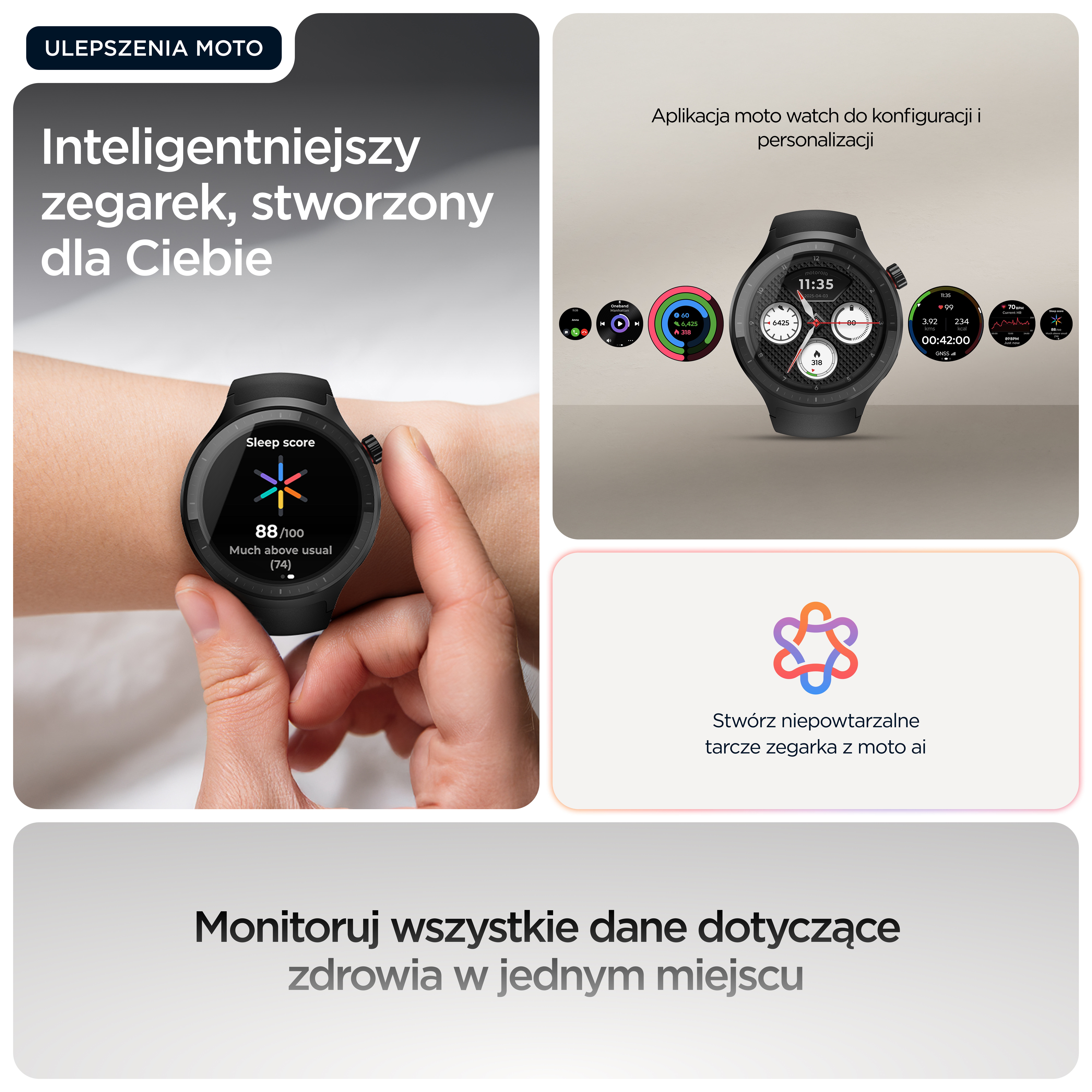 Ręka w czarnym smartwatchu z grafikami i tekstem dotyczącym zdrowia na ekranie.