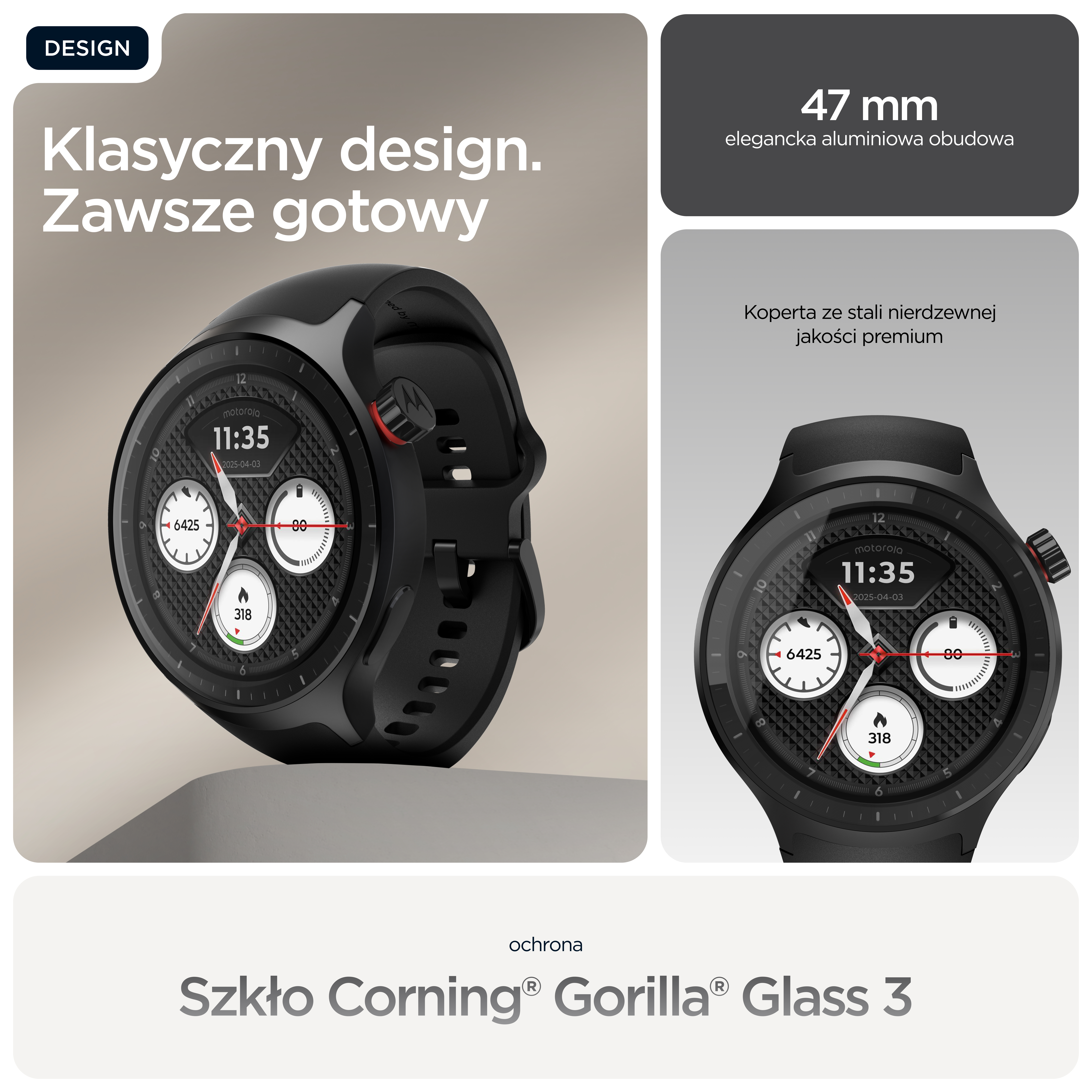 Grafika promocyjna przedstawiająca czarny smartwatch z polskim tekstem o designu i funkcji.