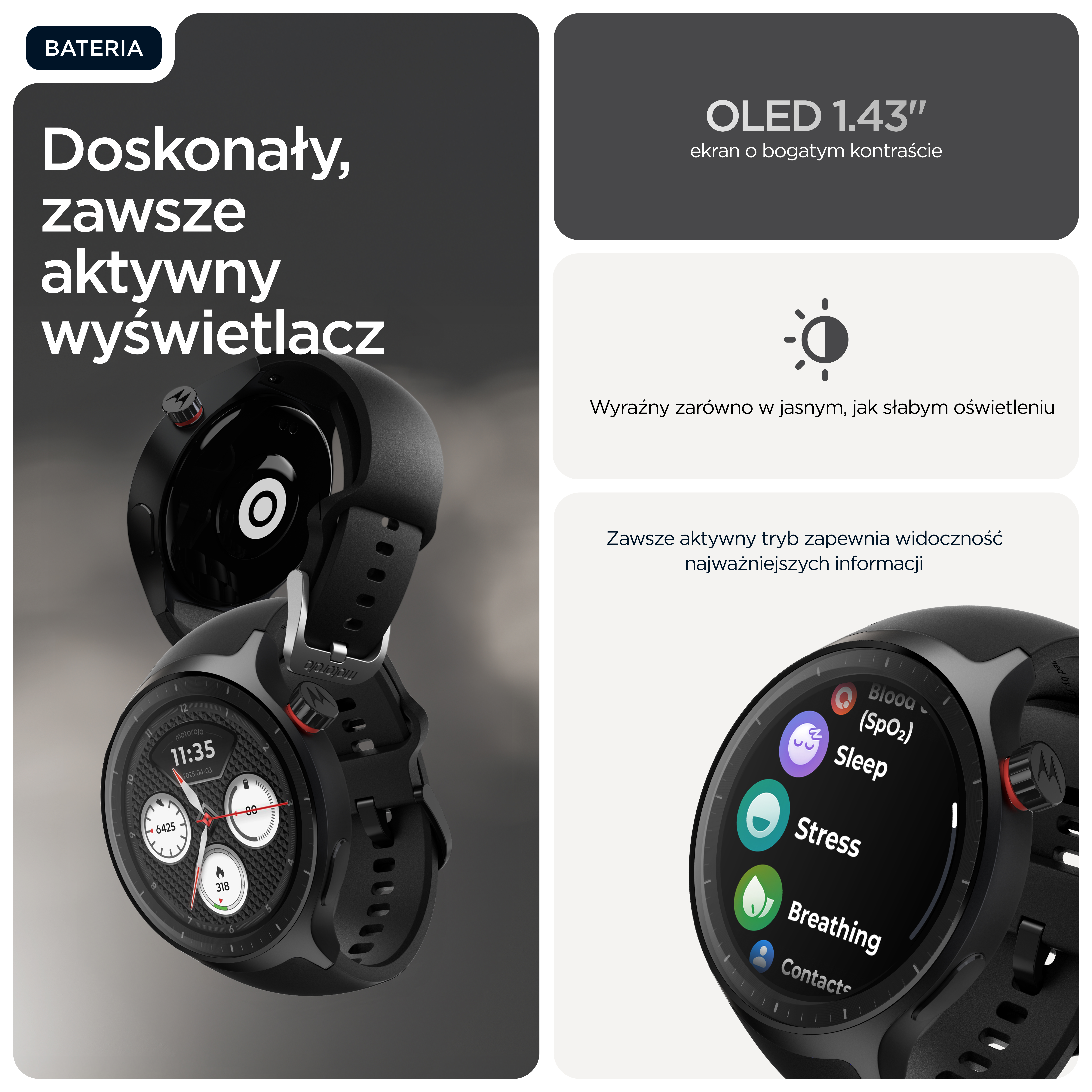 Czarny smartwatch z wyświetlaczem OLED pokazuje dane fitness i opcje menu.
