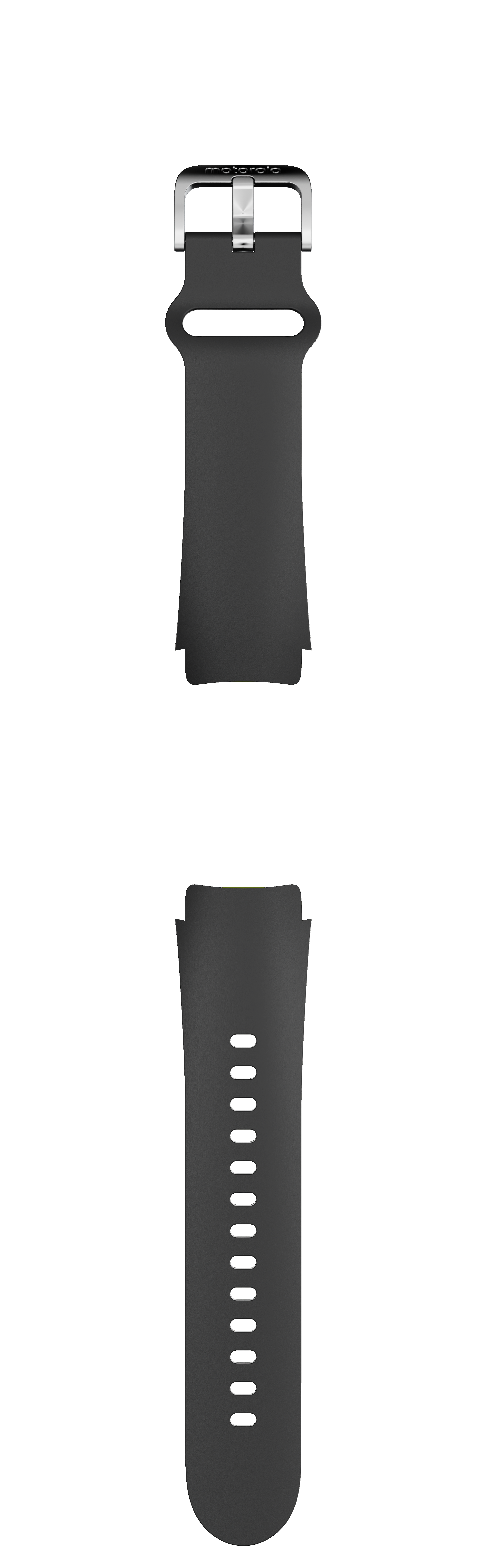 Czarny pasek do smartwatcha Motorola ze srebrną klamrą i otworami regulacyjnymi.