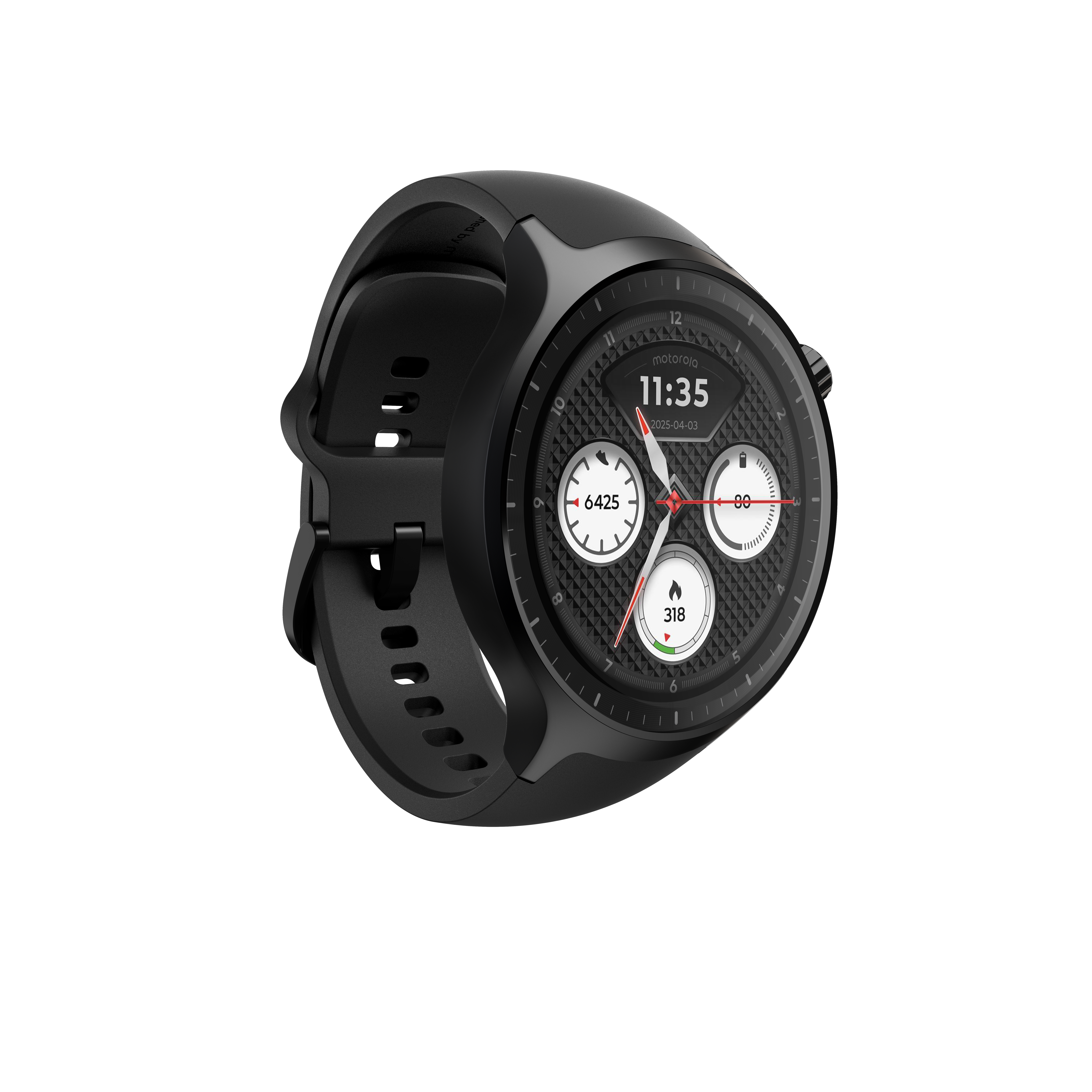 Czarny smartwatch z okrągłą kopertą, teksturowaną tarczą i czarnym silikonowym paskiem na białym tle.