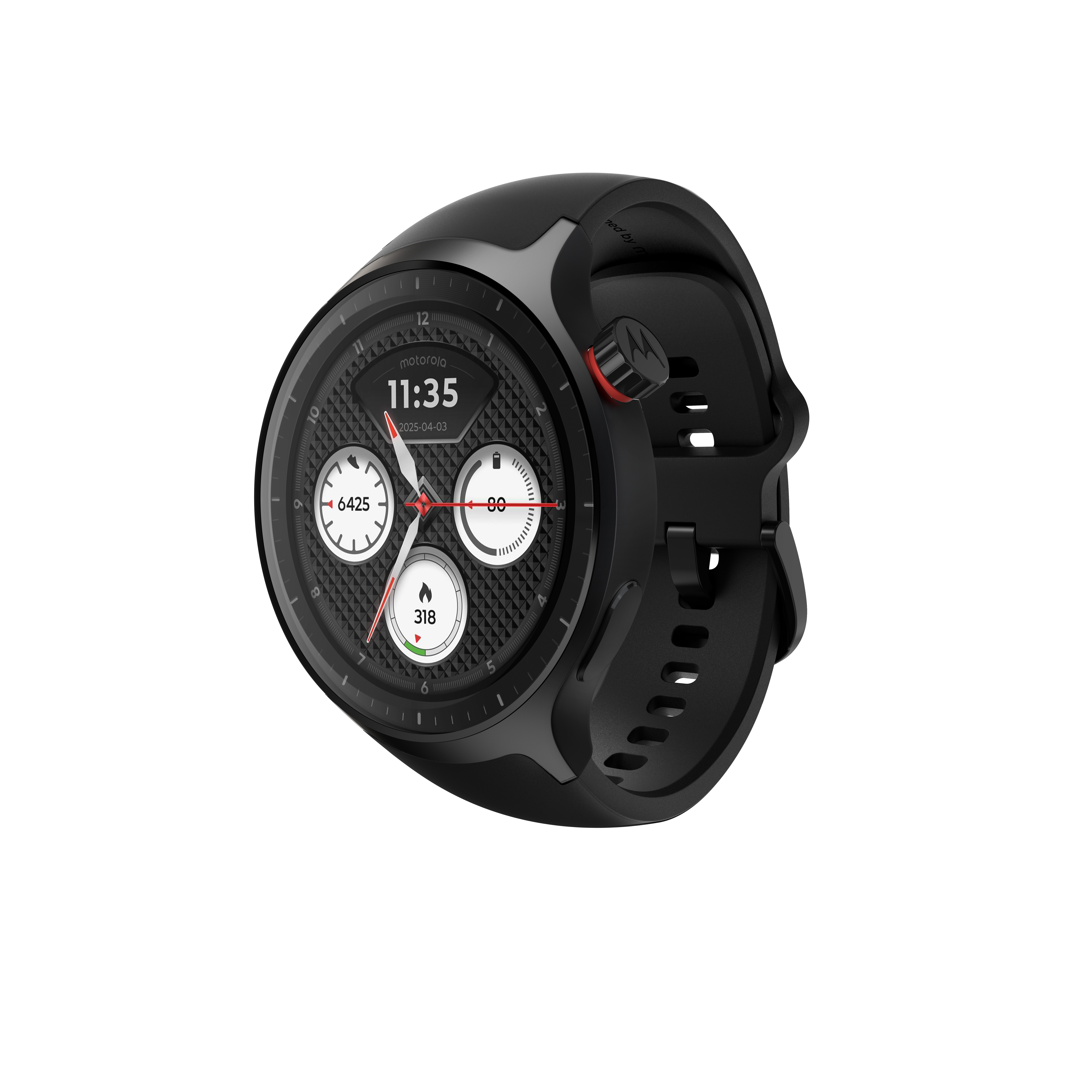 Czarny smartwatch z cyfrowym wyświetlaczem pokazującym 11:35 i statystyki fitness.