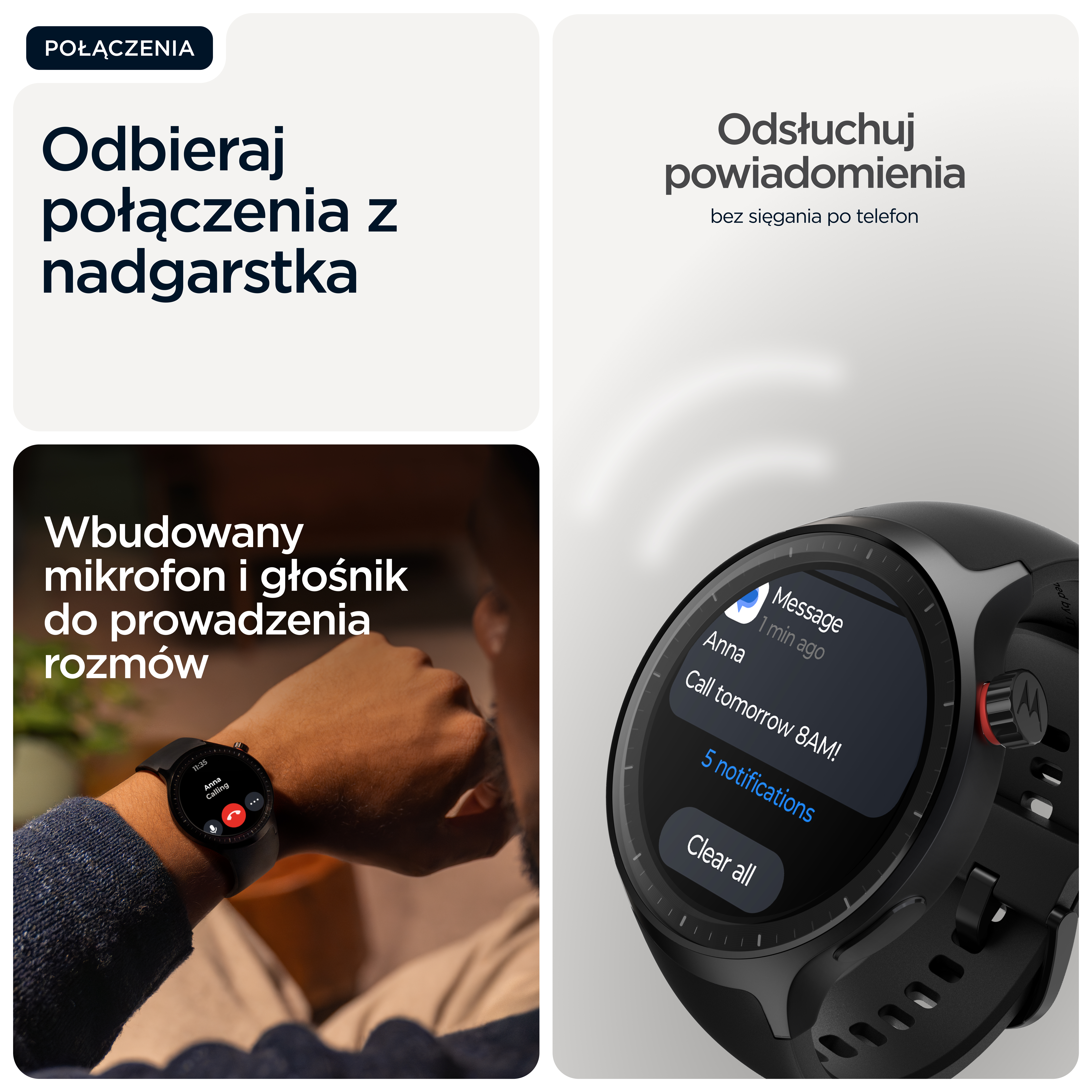 Smartwatch wyświetla połączenia i powiadomienia, z mikrofonem i głośnikiem.