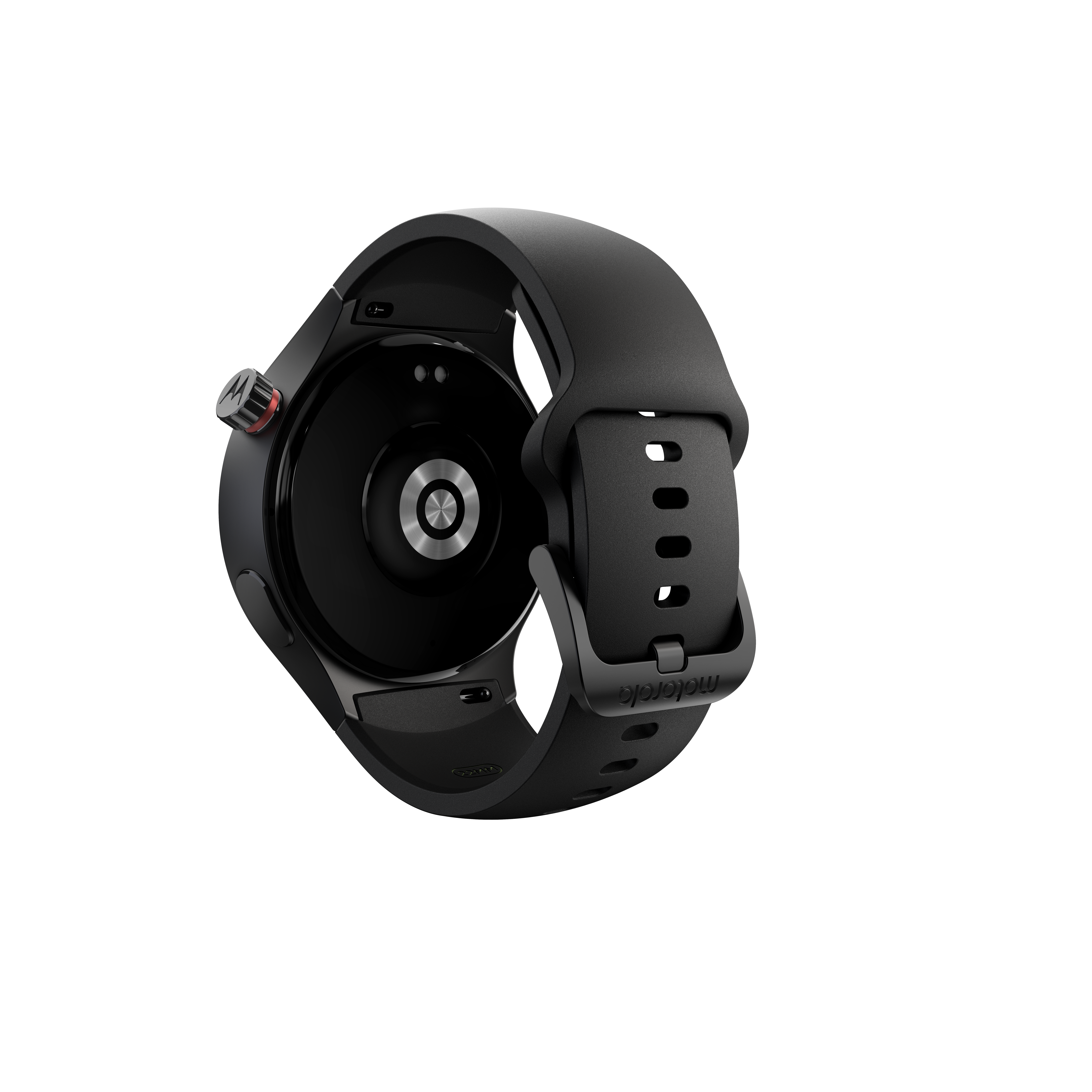 Czarny smartwatch Motorola z czujnikiem i paskiem na białym tle.