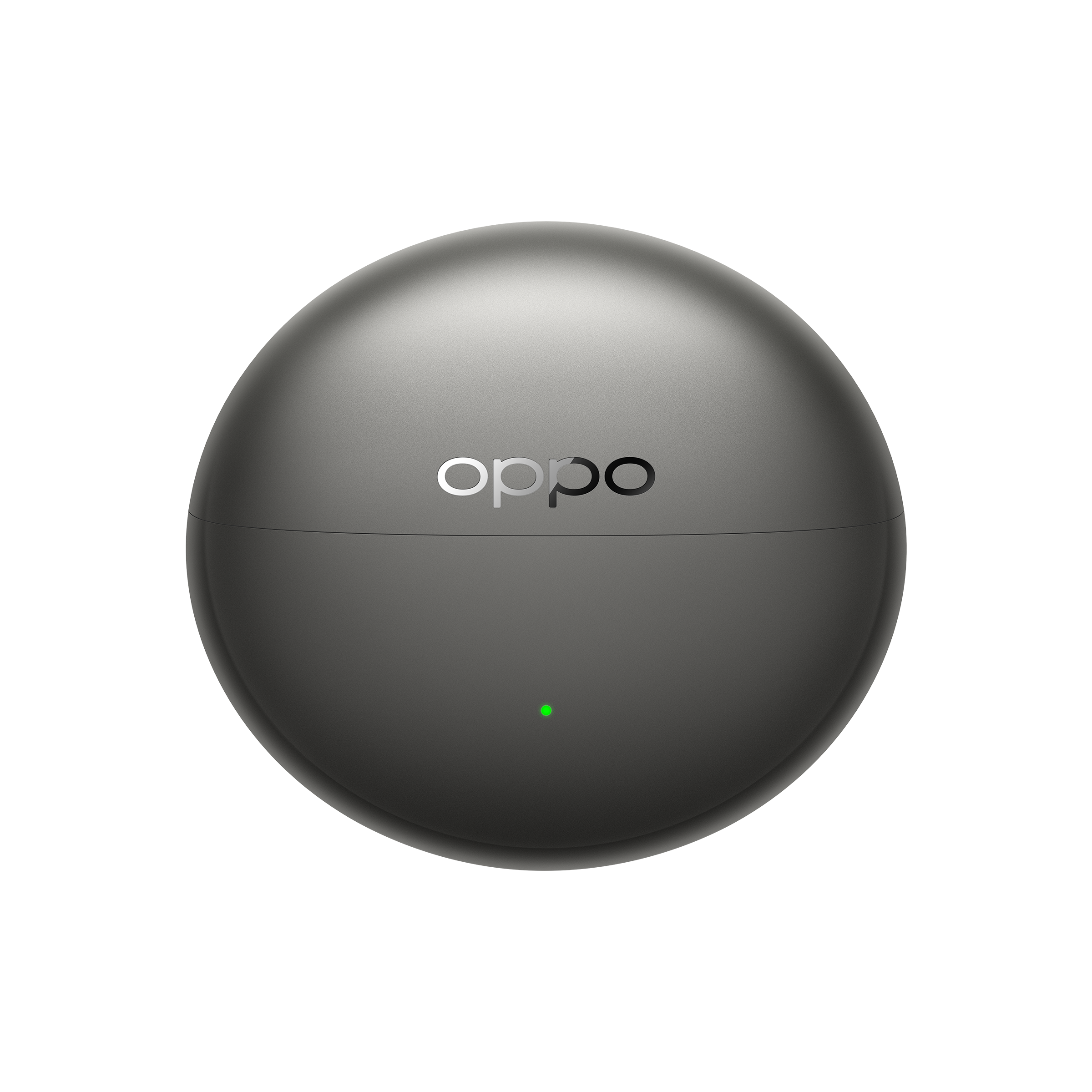 Szara, okrągła ładowarka Oppo z zielonym światłem na czarnym tle.