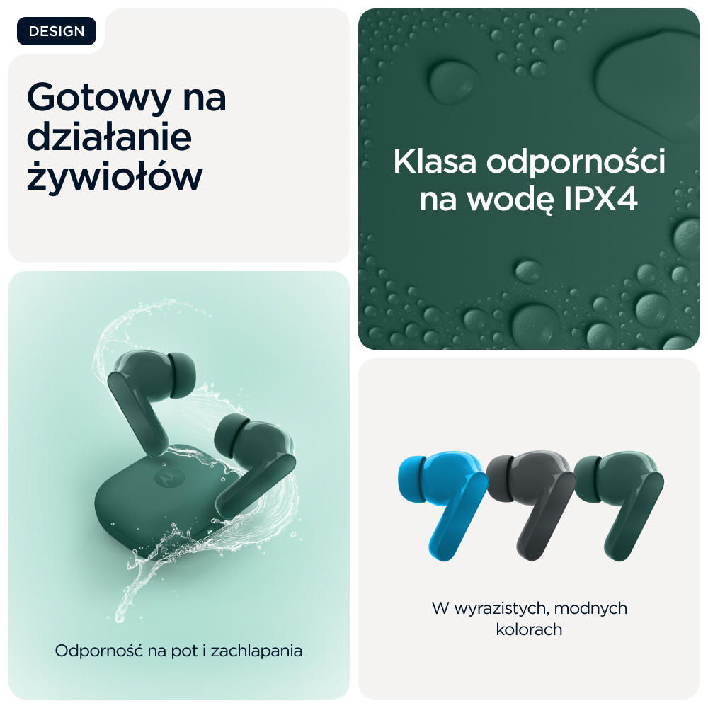 Trzy pary słuchawek bezprzewodowych w kolorach niebieskim, szarym i zielonym.