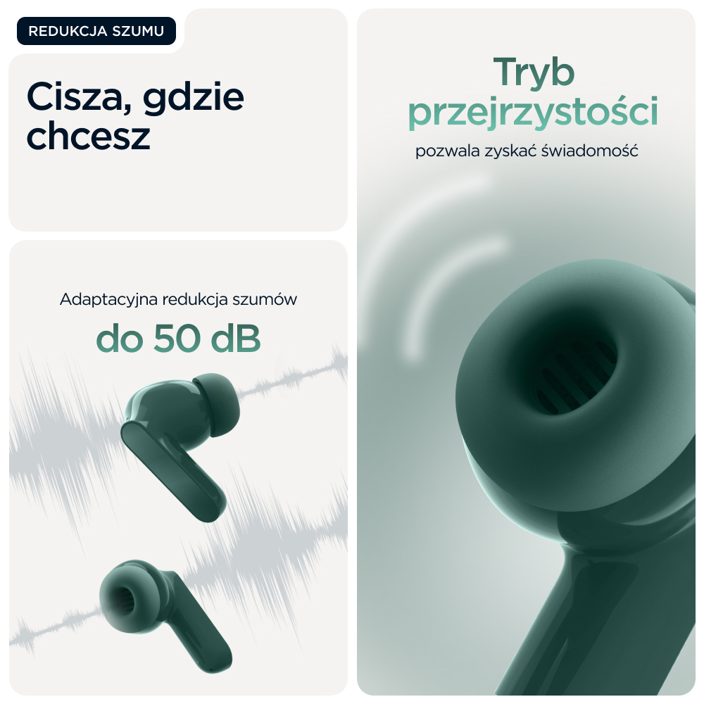 Dwa zielone słuchawki w zbliżeniu, obok tekst.