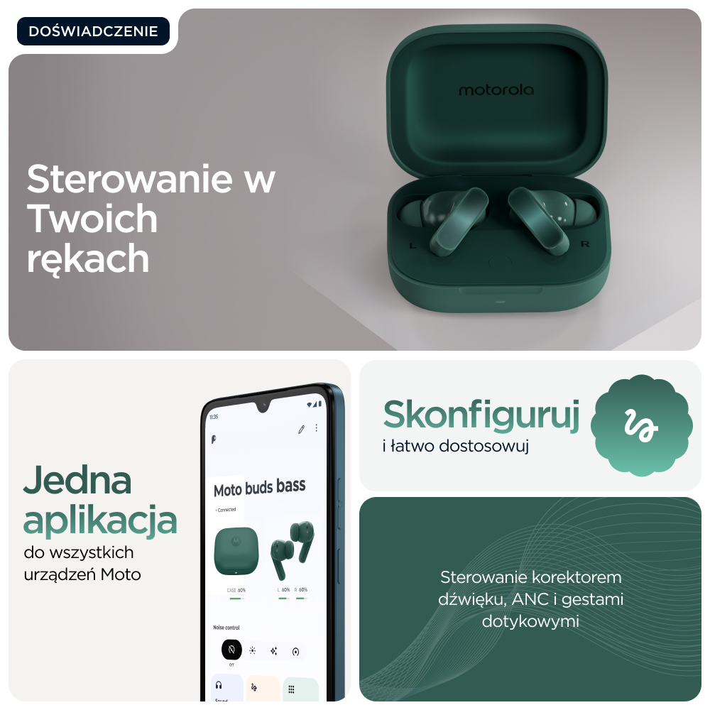 Zielone słuchawki Motorola z etui ładującym i aplikacją.