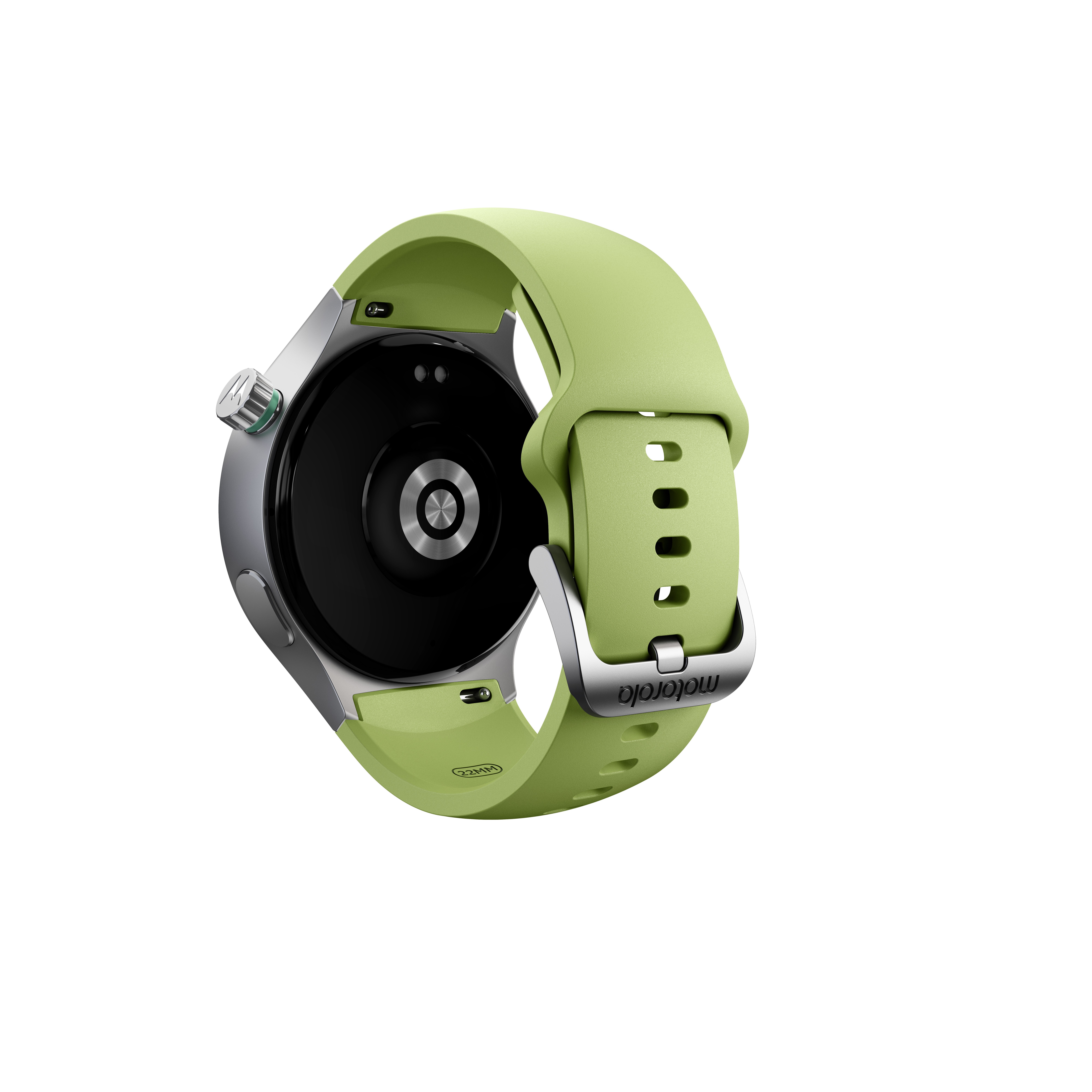 Tył smartwatcha Motorola z zielonym silikonowym paskiem i srebrną klamrą na białym tle.