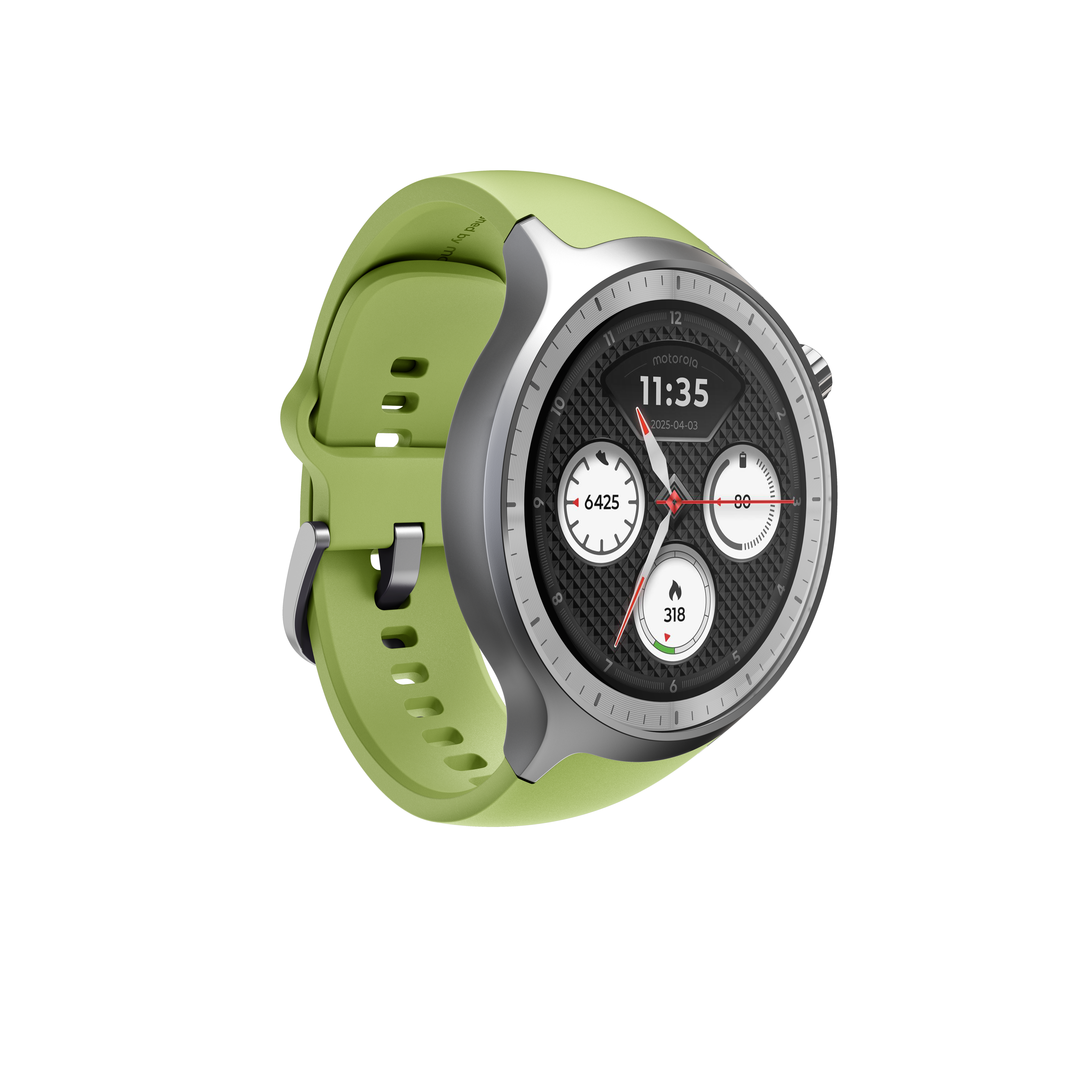 Okrągły smartwatch Motorola ze srebrną kopertą, czarnym cyferblatem i zielonym silikonowym paskiem na białym tle.