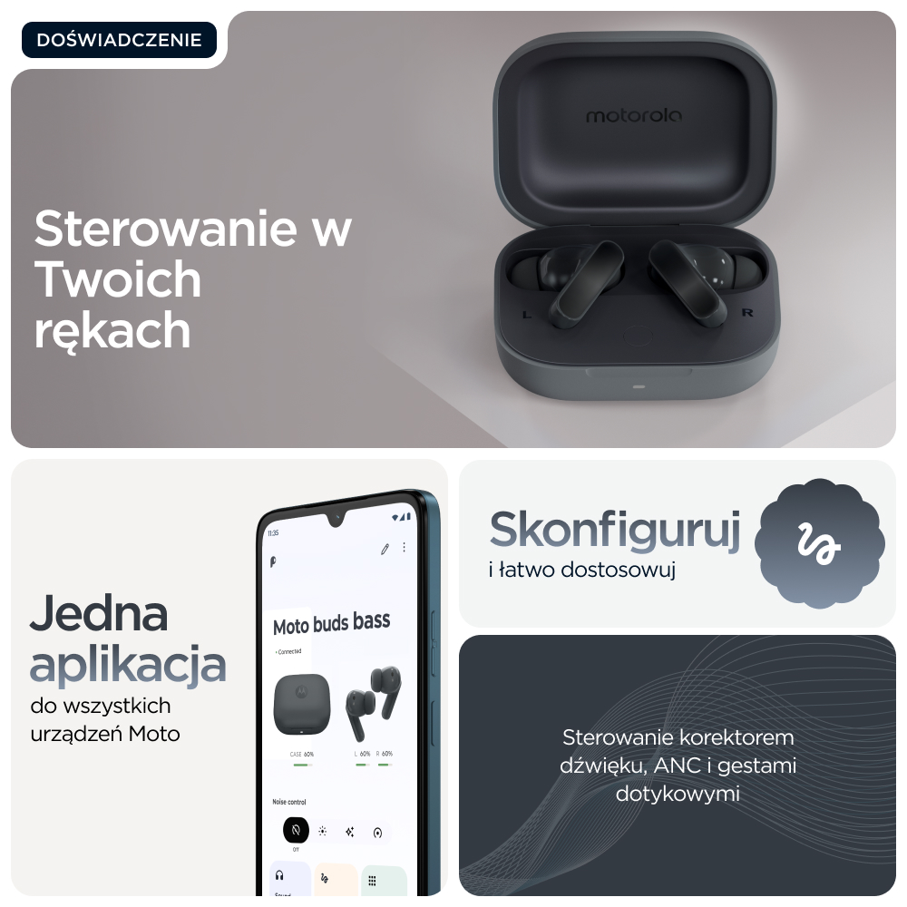 Słuchawki Motorola w etui ładującym, obok smartfona z aplikacją.