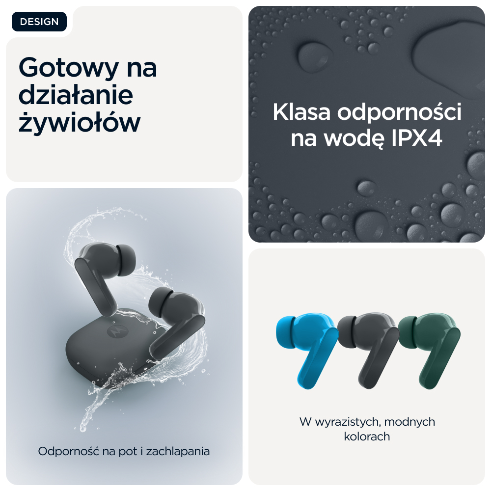 Trzy słuchawki w kolorze niebieskim, szarym i zielonym obok tekstu o kolorach.