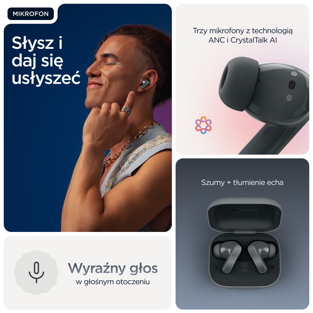 Mężczyzna w słuchawkach, słuchawki Motorola, etui ładujące i ikony technologii.