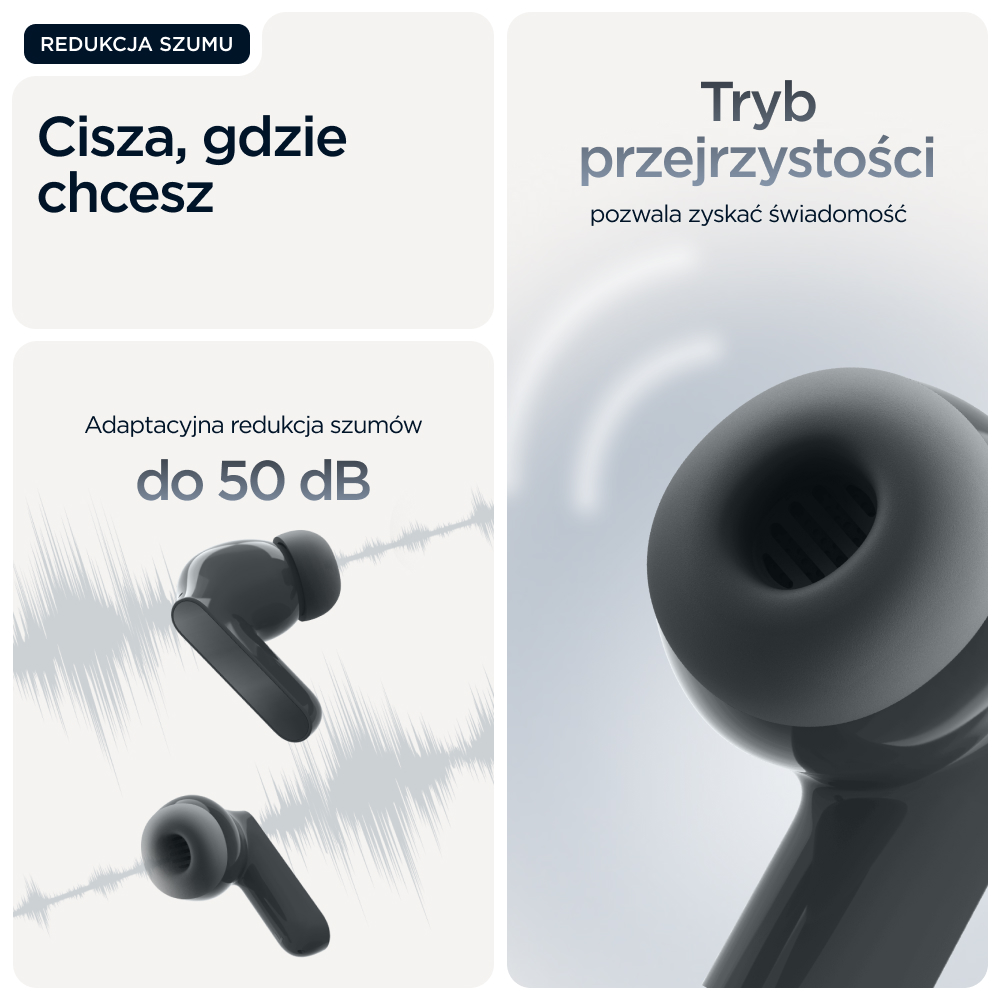 Trzy czarne słuchawki bezprzewodowe z redukcją szumów i trybem przezroczystości.