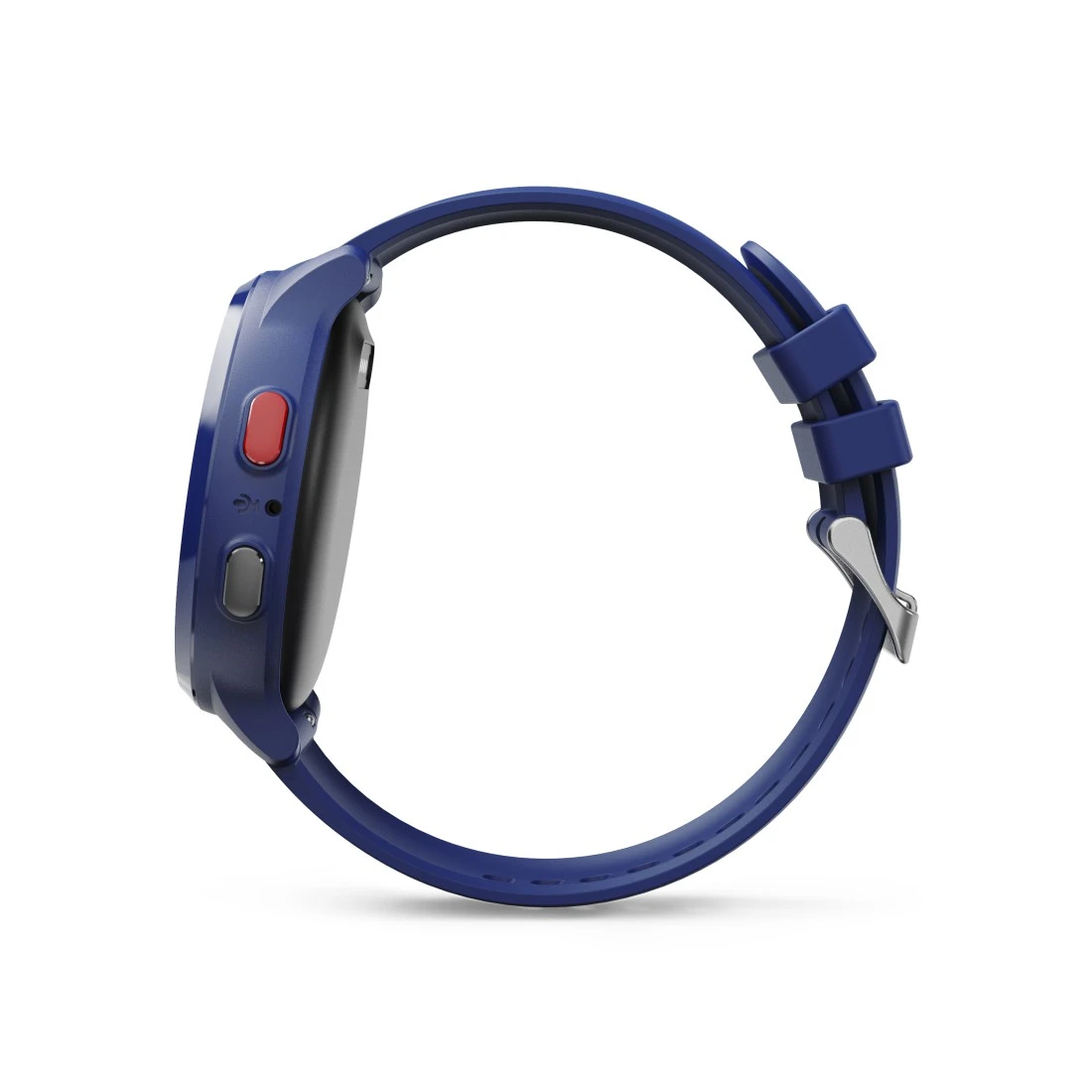 Niebieski smartwatch z czerwonymi i szarymi przyciskami po bokach.
