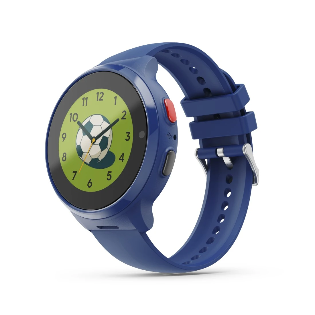 Niebieski smartwatch z tarczą piłkarską i srebrną klamrą.