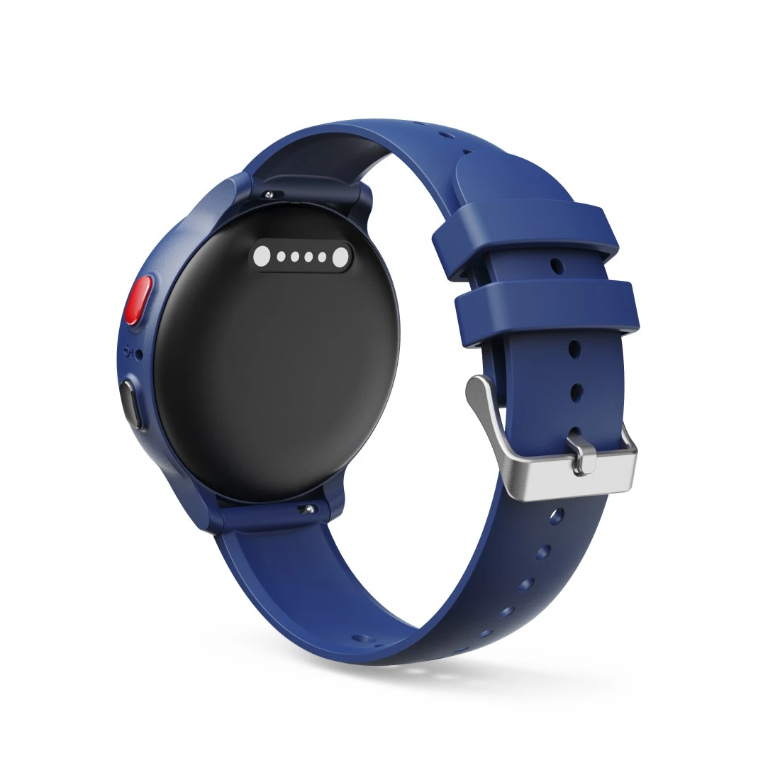 Niebieski smartwatch z czarnym tyłem, pinami ładującymi i czerwonym przyciskiem.